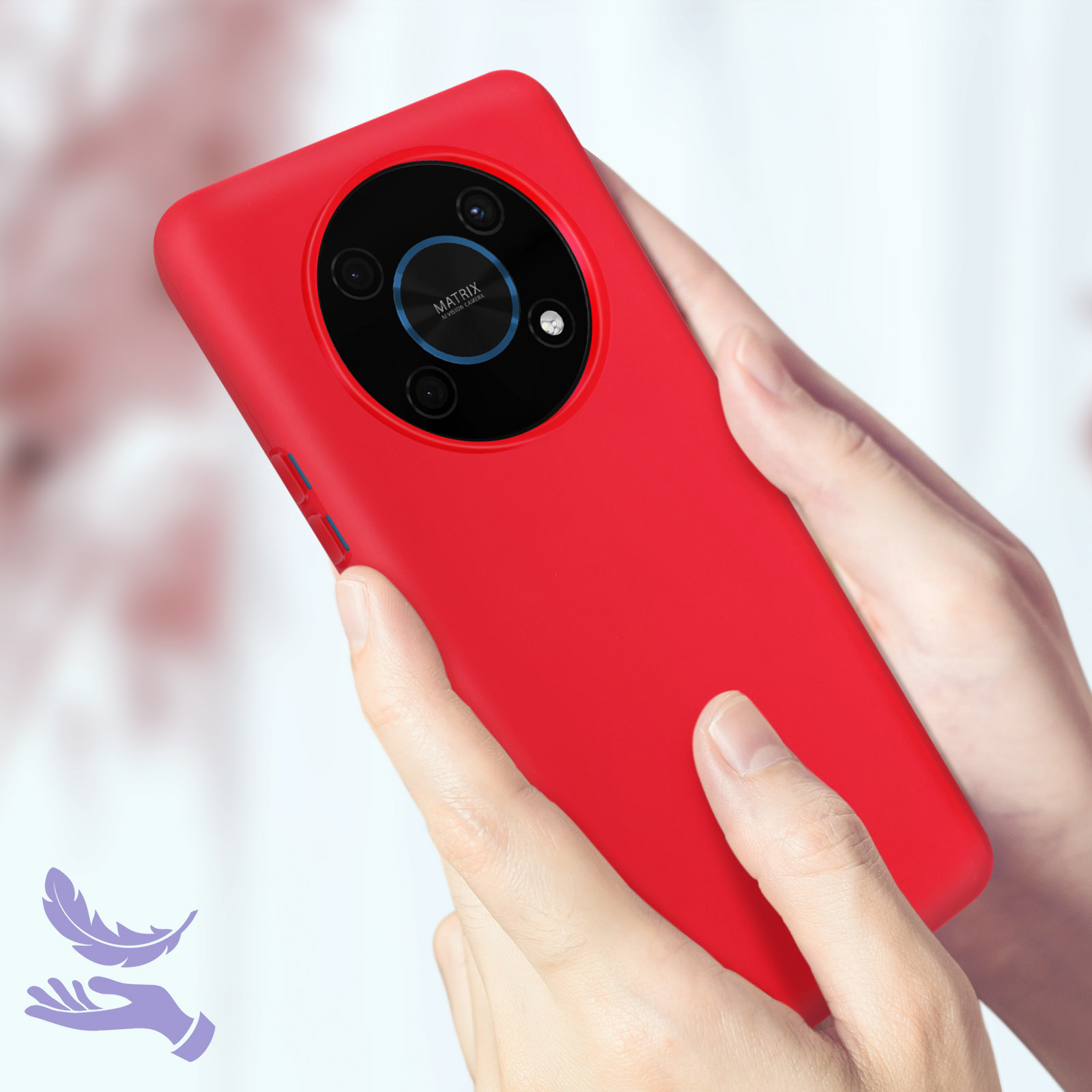 Mains tenant un étui rouge avec des lentilles de caméra visibles.