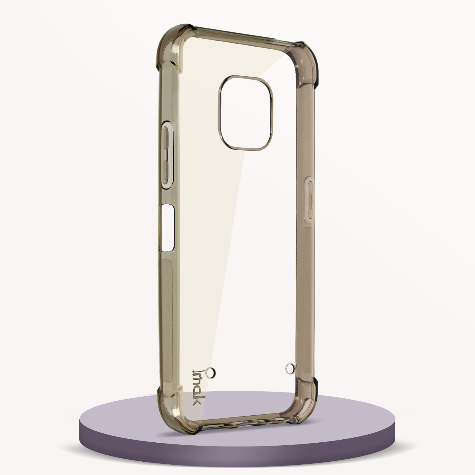 Eine transparente Handyhülle mit schwarzen Rändern auf einer lila Plattform.