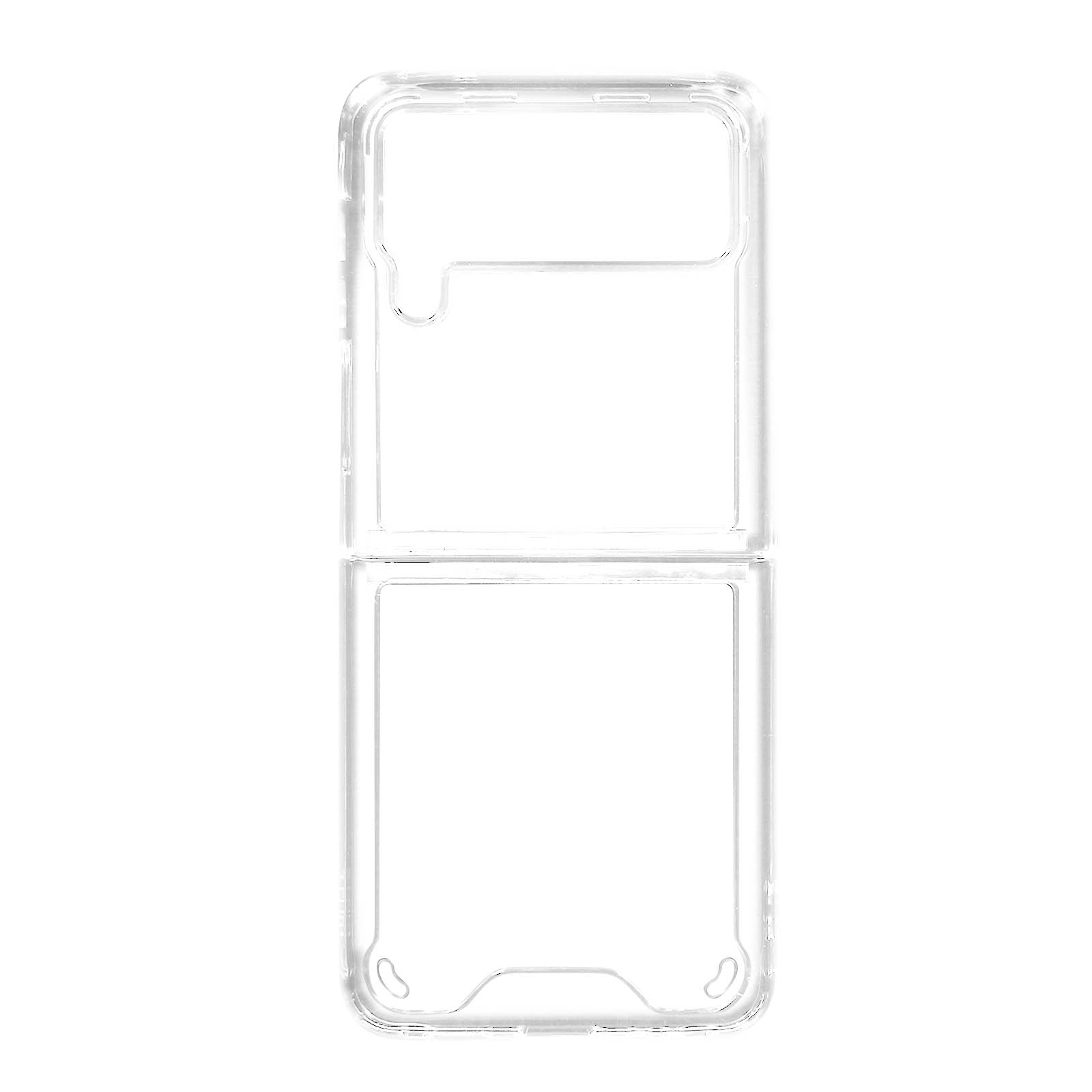 Transparante telefoonhoes, open, met de binnenkant. De hoes is voor een opvouwbare telefoon.