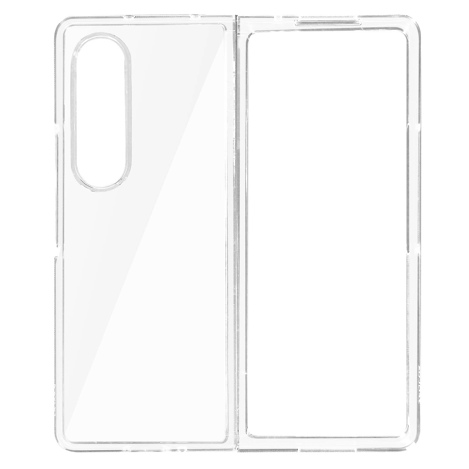 Coque de téléphone transparente, montrée ouverte. Elle est conçue pour un téléphone pliable, révélant les deux côtés.