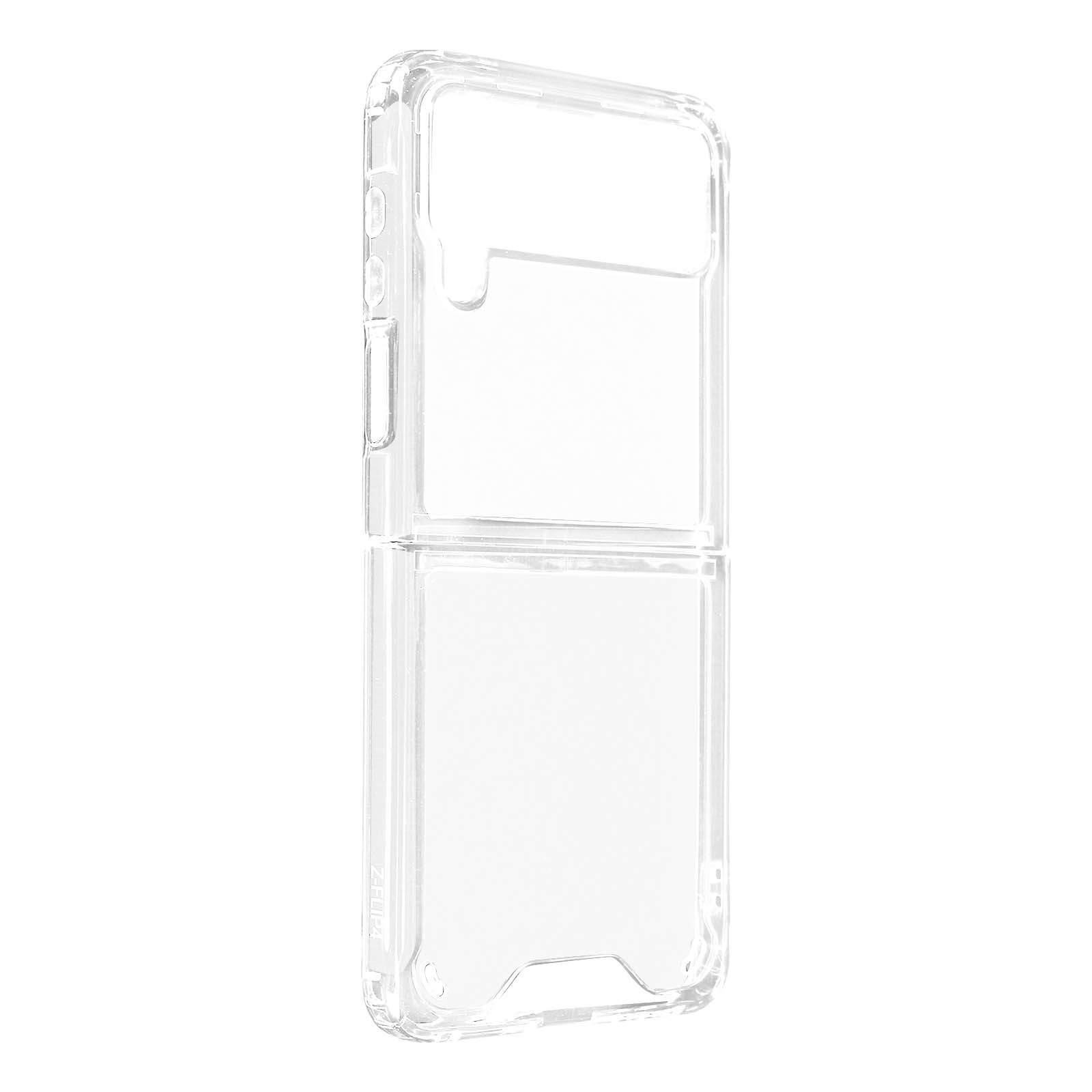 Een doorzichtige telefoonhoes. Hij is transparant met een opgevouwen ontwerp.