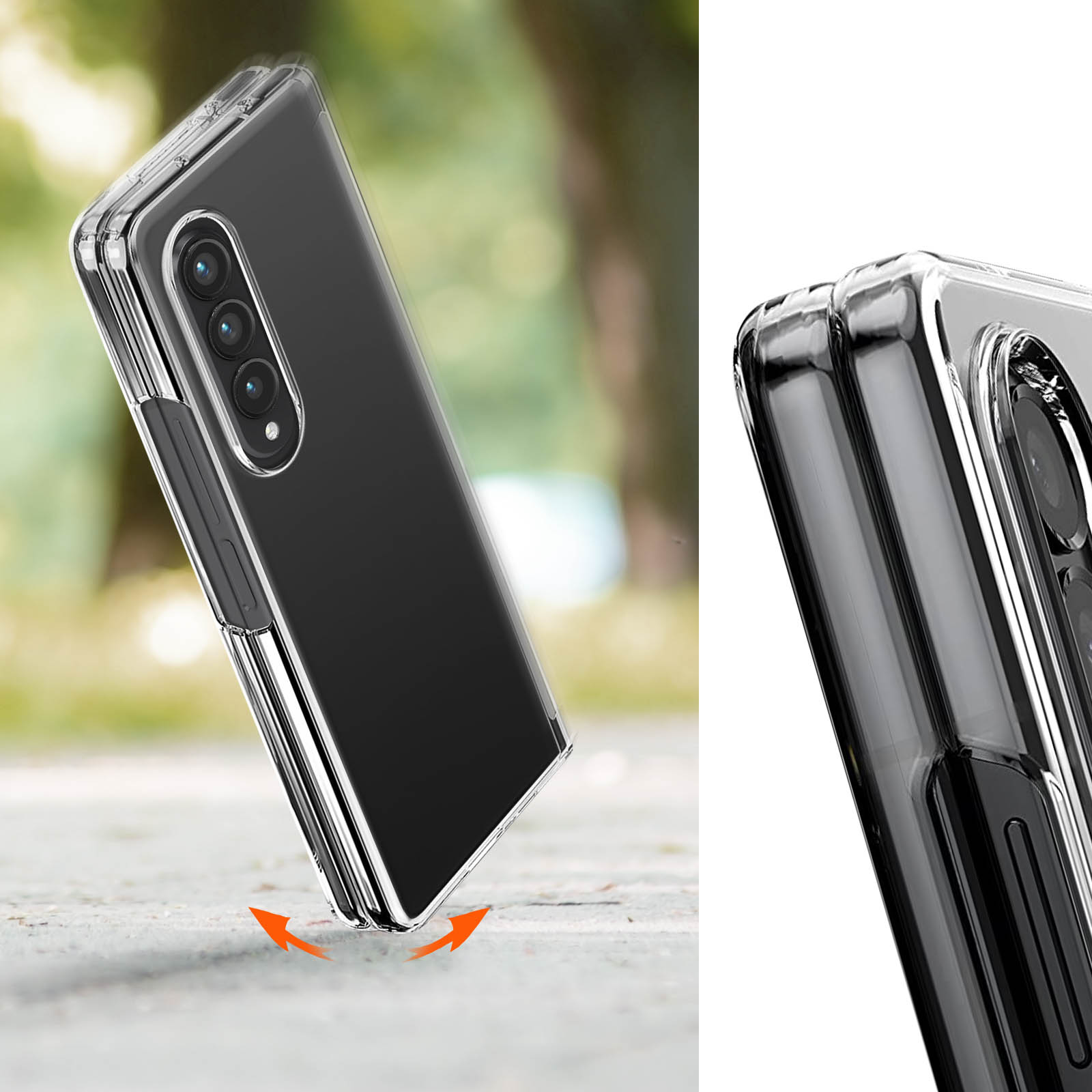 Coque de téléphone transparente avec design pliable tombant. Fond vert flou.