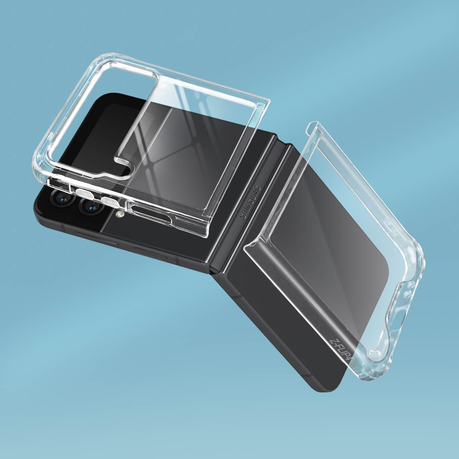 Een zwarte opvouwbare telefoon met een doorzichtige beschermhoes, tegen een blauwe achtergrond.