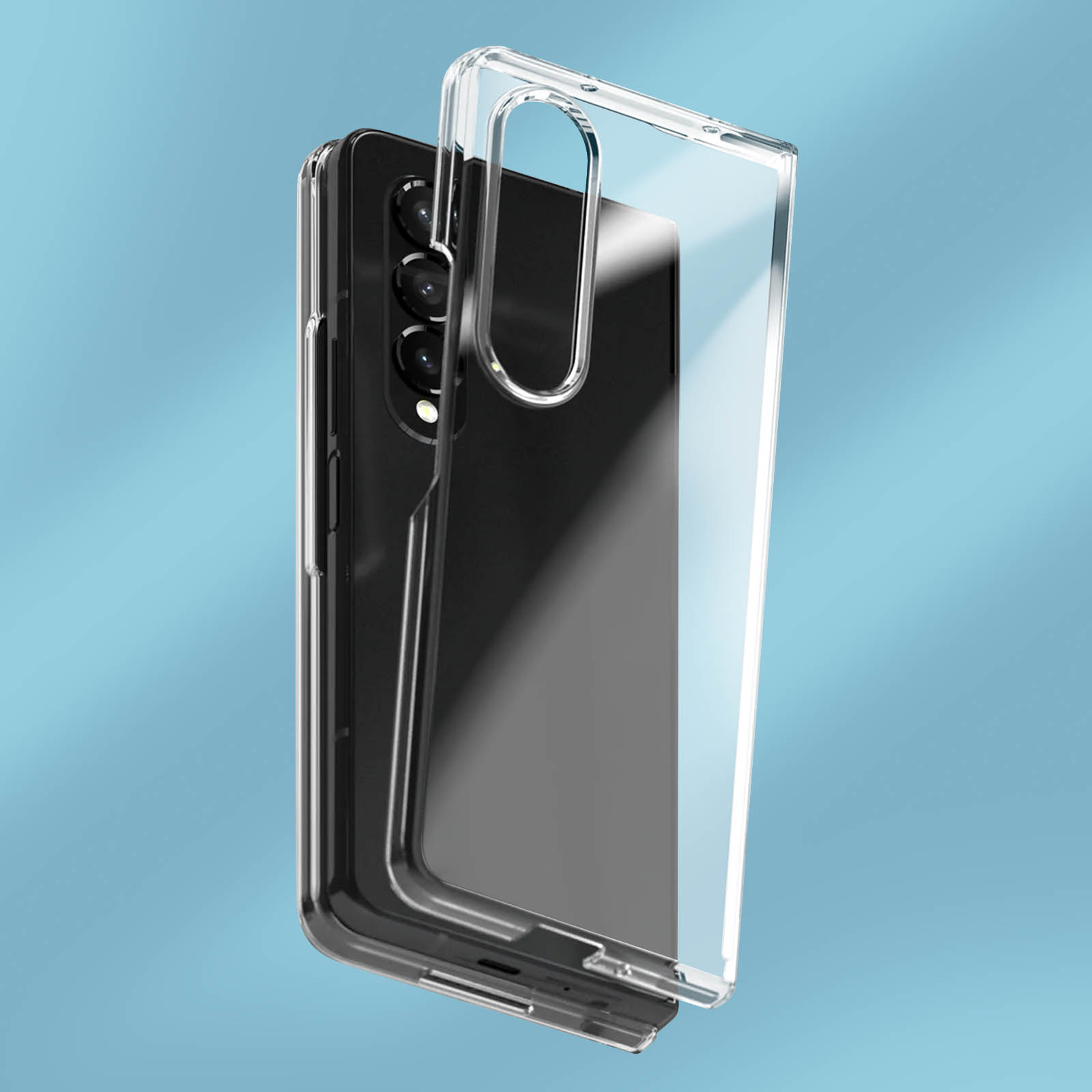 Un étui de téléphone transparent est ouvert, montrant un téléphone noir, sur un fond bleu.