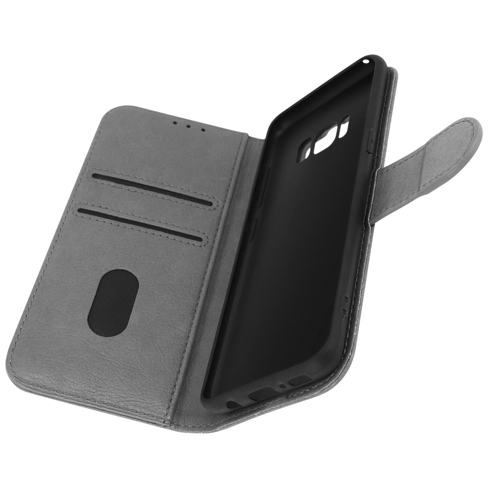 Grijze telefoonhoes open op witte achtergrond. De hoes heeft kaartsleuven.