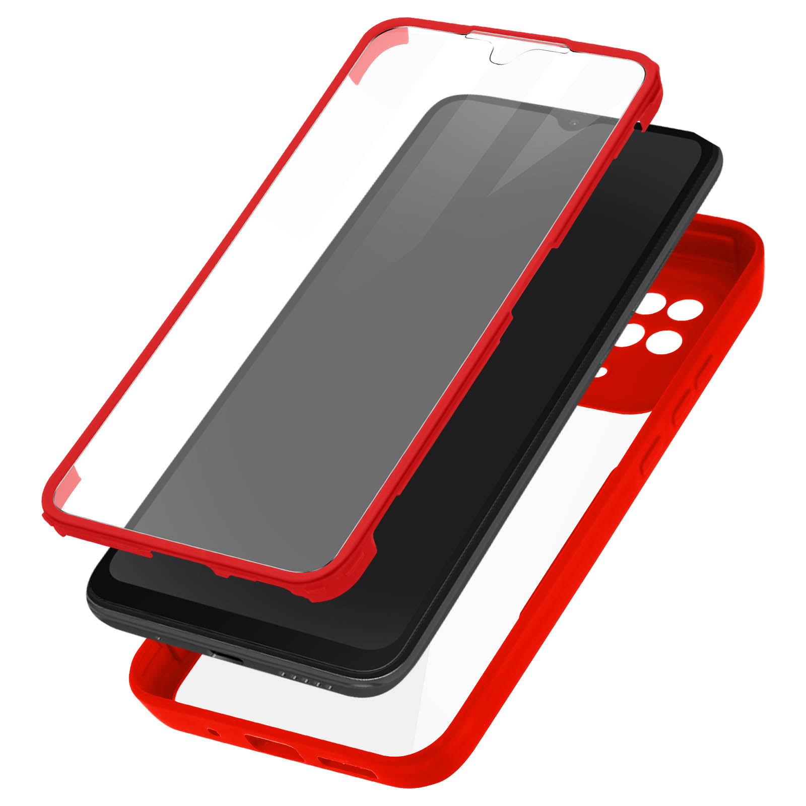 Coque de téléphone avec téléphone à l'intérieur, rouge et transparente. Isolé sur blanc.