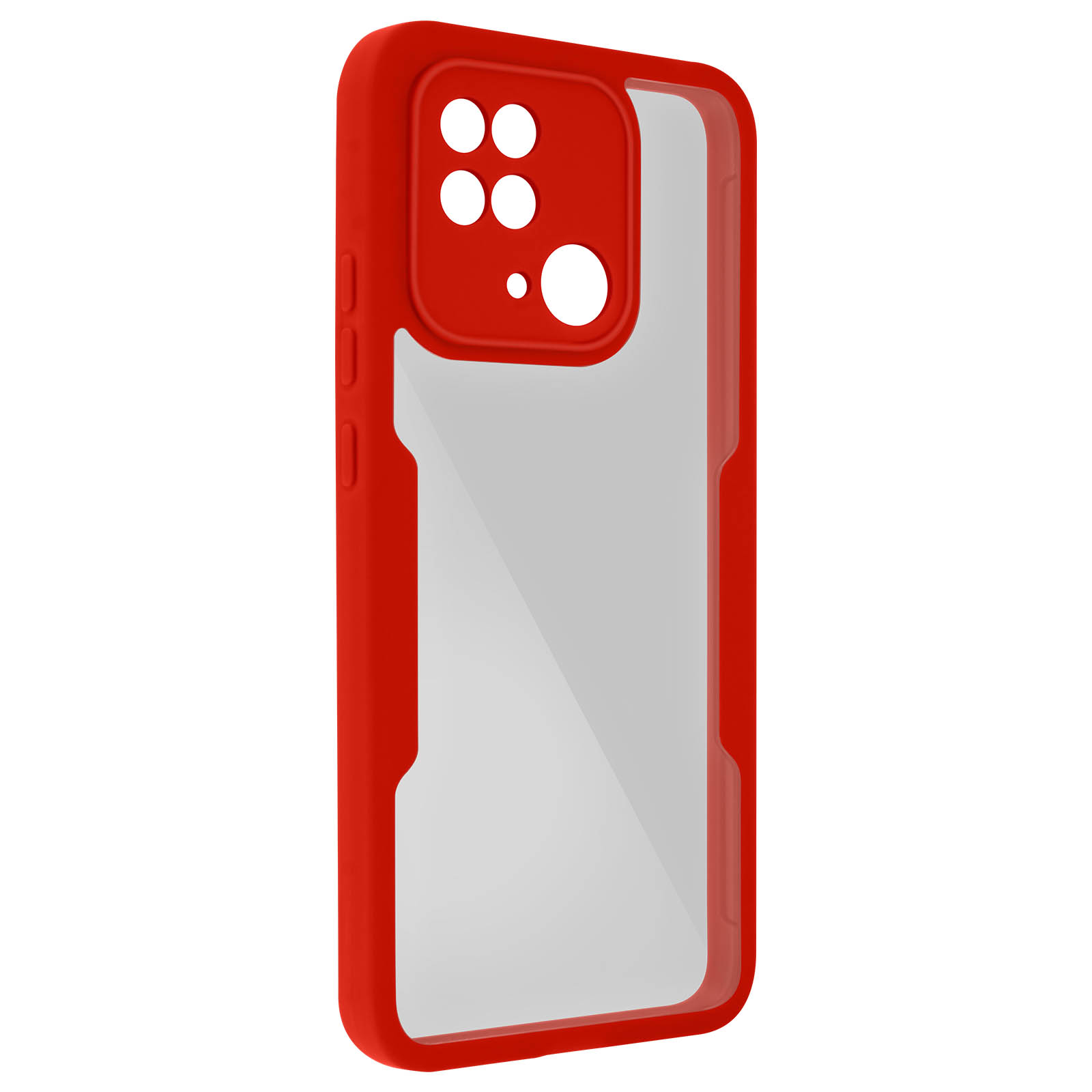 Coque de téléphone rouge avec dos transparent et découpes pour la caméra.