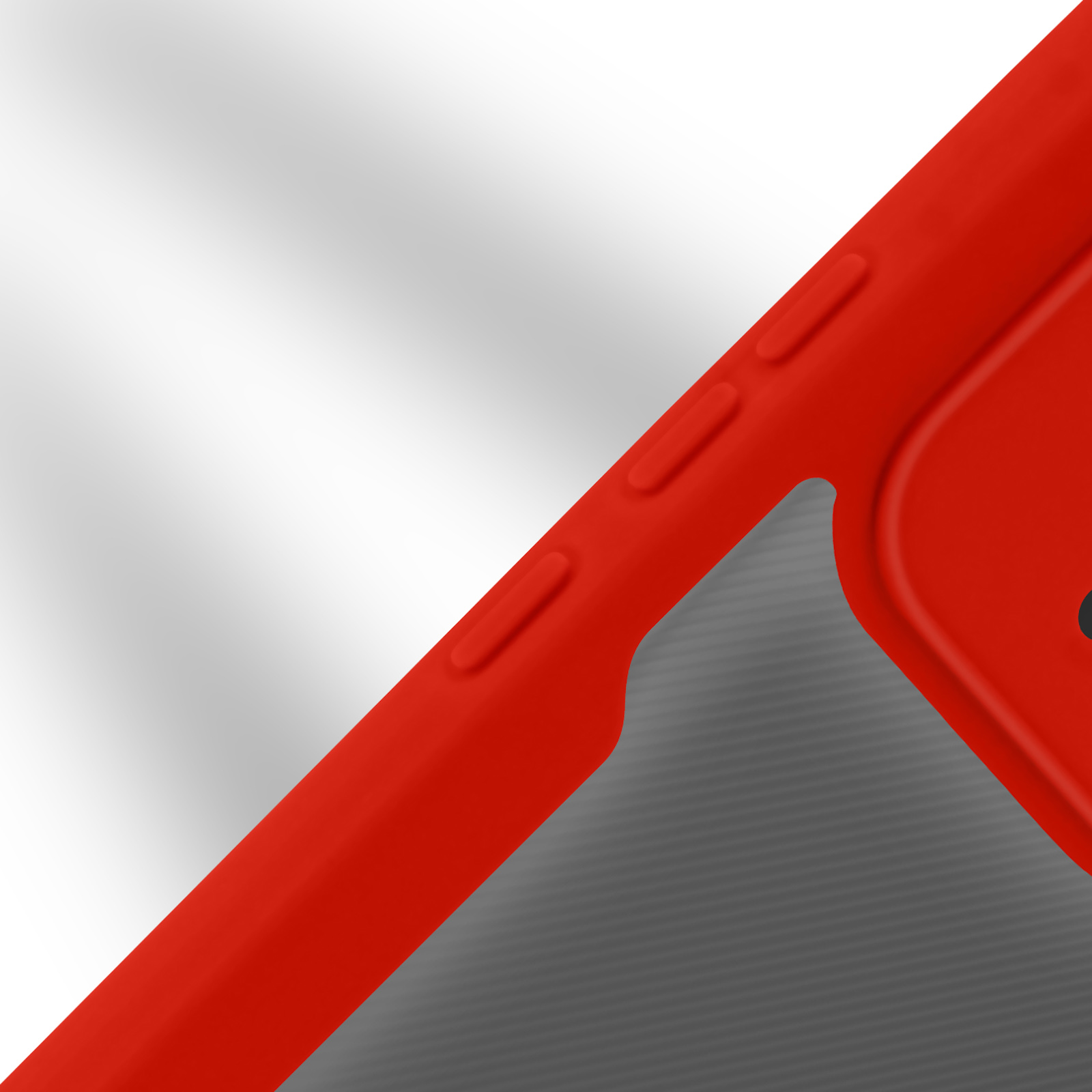 Gros plan sur une coque de téléphone rouge avec des boutons et un intérieur gris.
