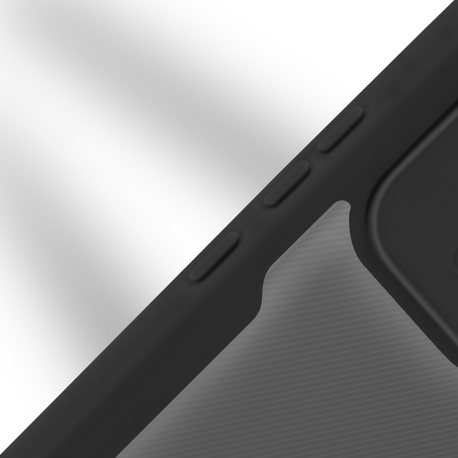 Close-up van een zwart telefoonhoesje. De hoes heeft knoppen en een gestructureerd oppervlak.