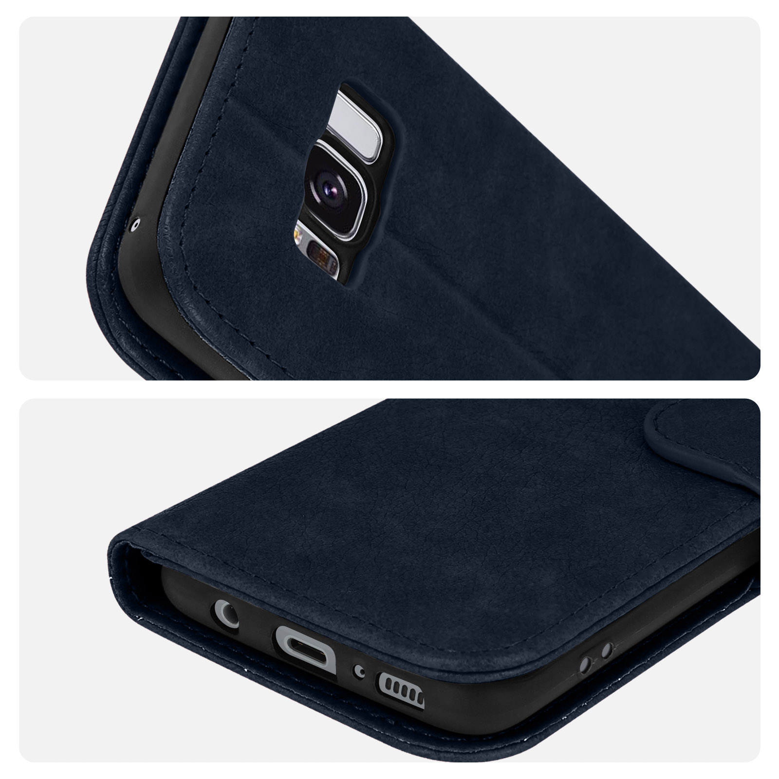 Primer plano de una funda de teléfono azul oscuro, que muestra la cámara y la parte inferior con puertos y agujeros.