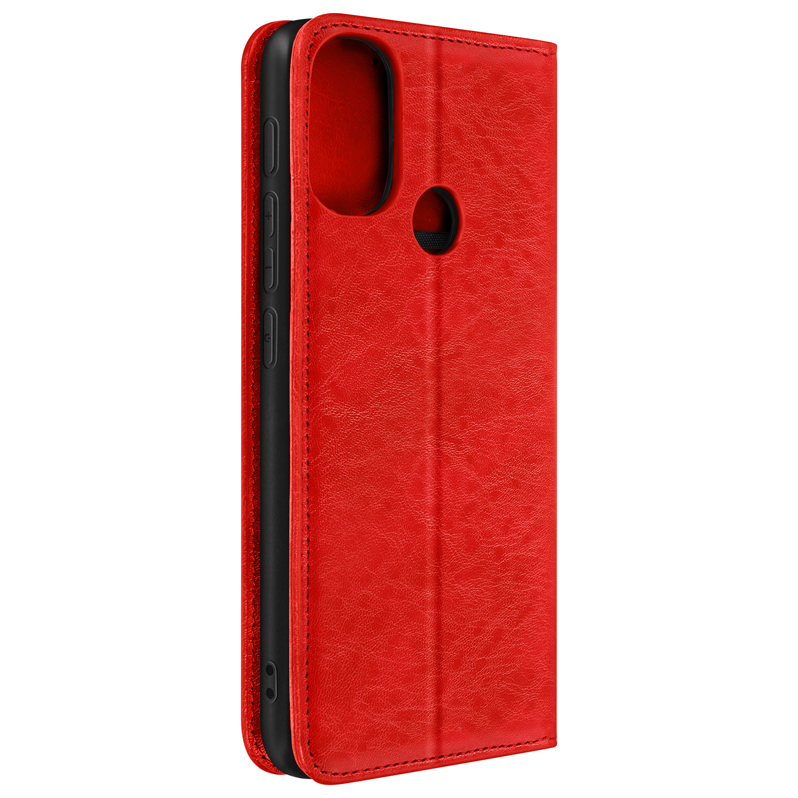 Rote Handyhülle, geschlossen mit Telefon. Einfarbig, Ledertextur.