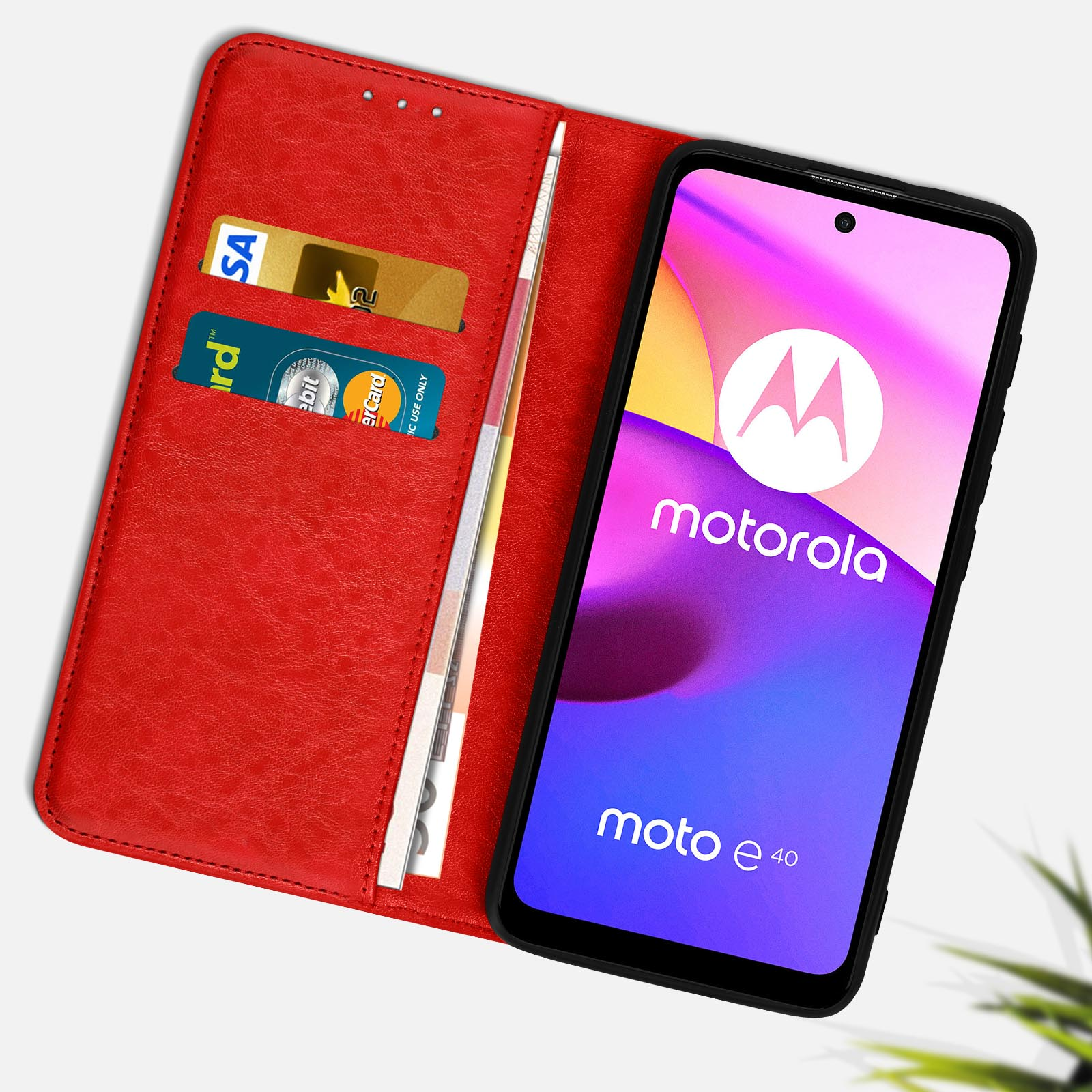 Rote Handyhülle offen, mit Telefon, das Motorola-Logo zeigt, und Fächern für Karten und Bargeld.