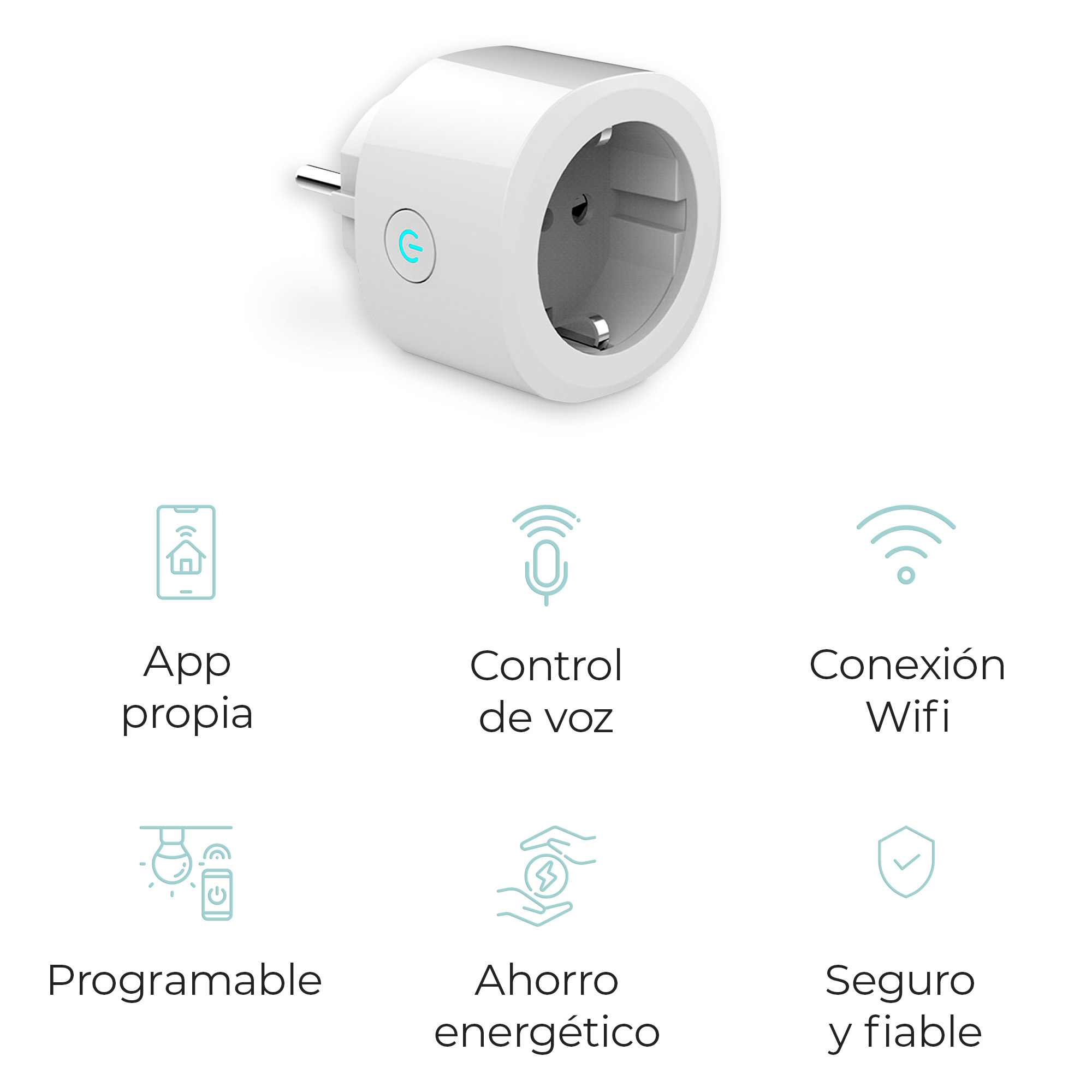 Enchufe inteligente blanco con botones e iconos de control del hogar, wifi y ahorro de energía.