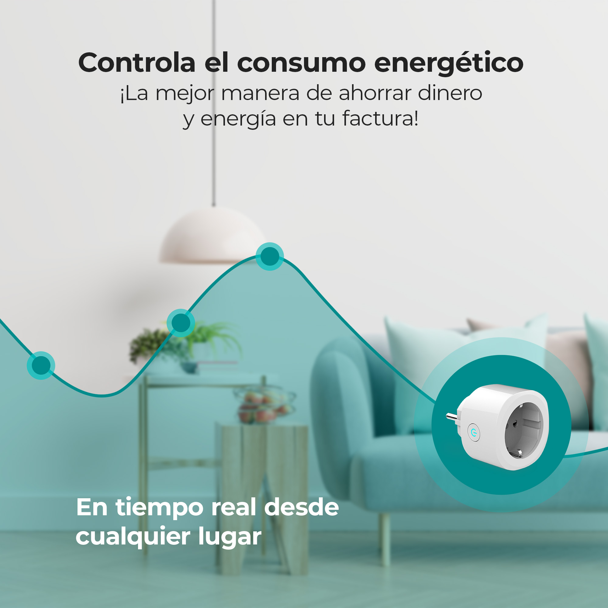 Una habitación con un sofá y un enchufe inteligente, un gráfico y texto en español, promoviendo el ahorro.