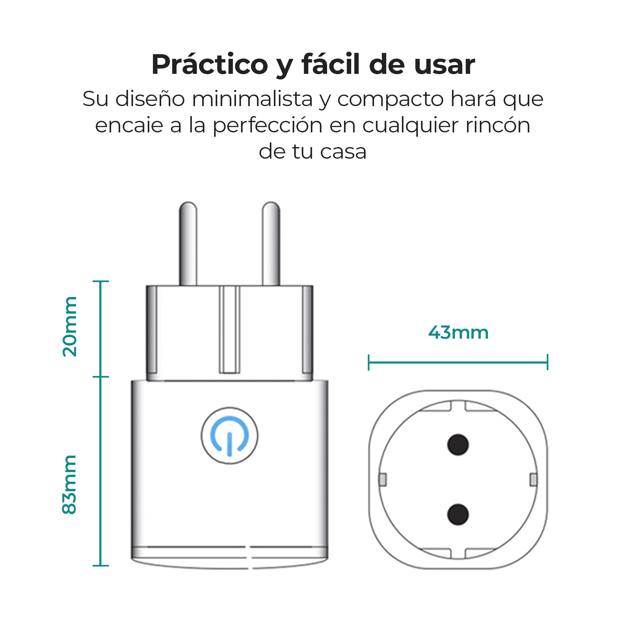 Un enchufe blanco con dimensiones y un botón azul de encendido. El enchufe es blanco.