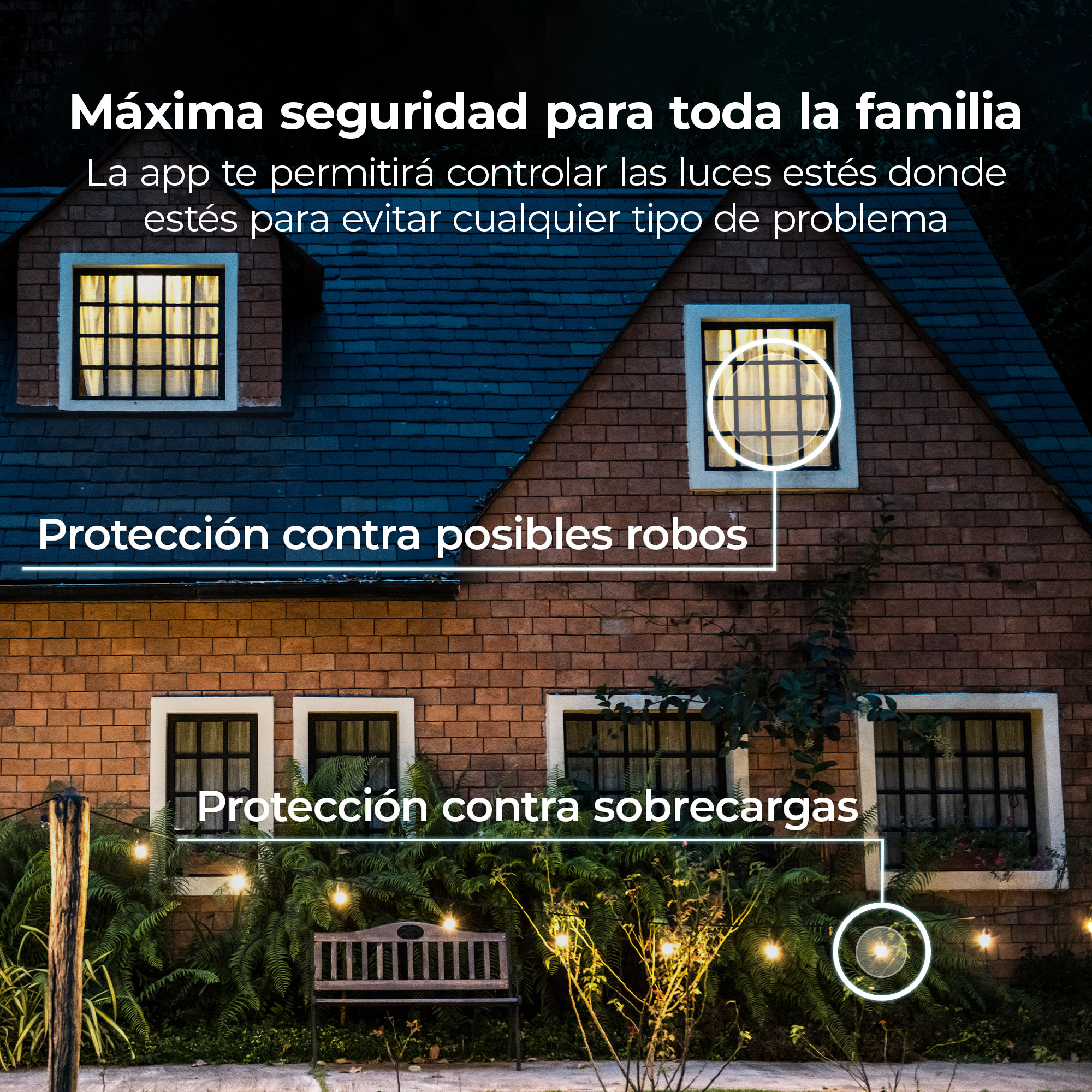 Una casa de noche con luces. El texto destaca las funciones de seguridad del hogar como protección contra robos y sobretensiones.