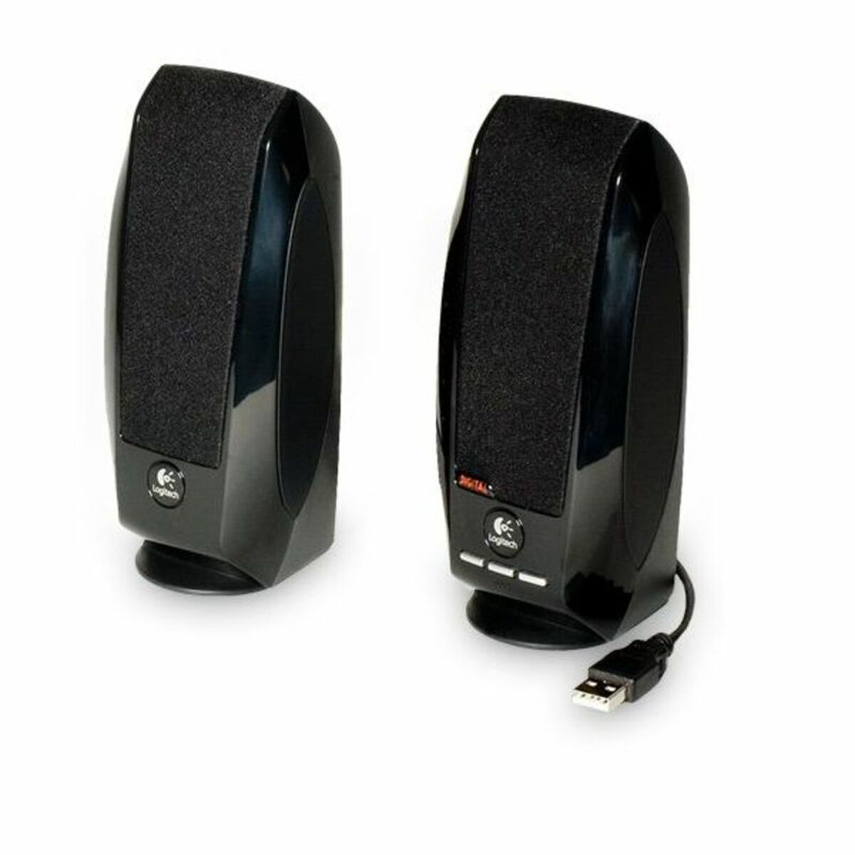Dos altavoces negros con un cable USB. Un altavoz tiene un logotipo blanco de Logitech.