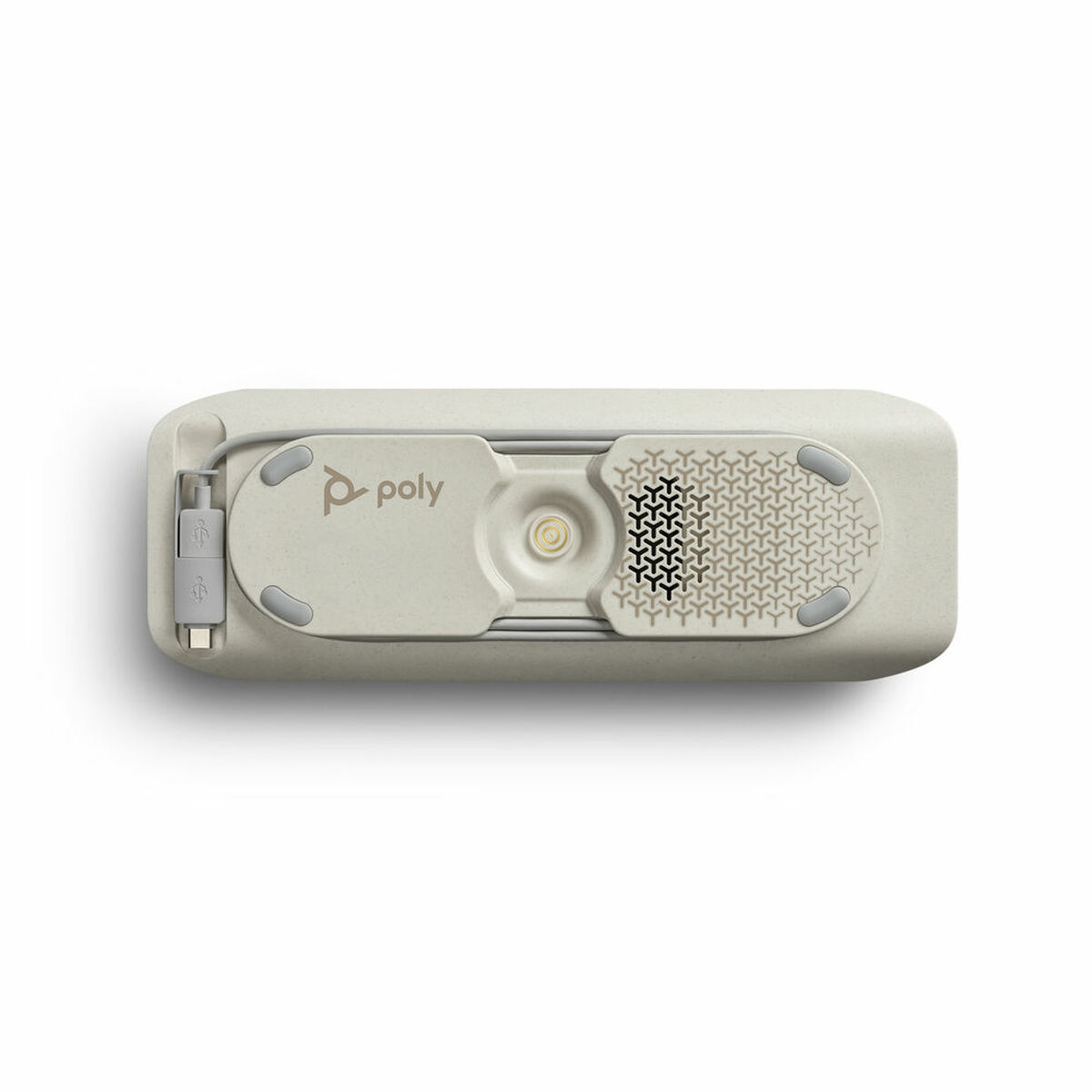 Un dispositivo Poly blanco y gris con un puerto USB y un área de altavoz estampada, visto desde arriba.