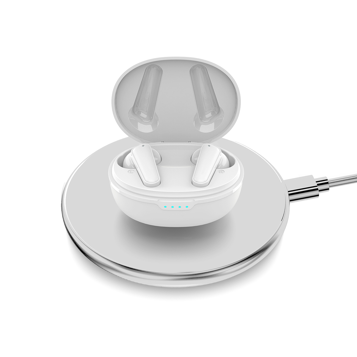 Białe bezprzewodowe słuchawki na podkładce ładującej.