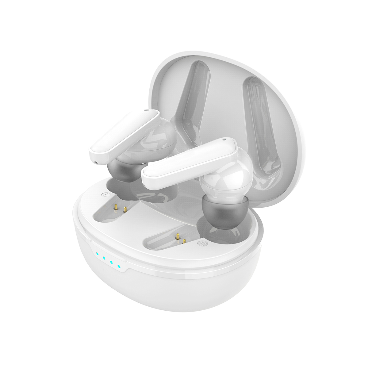 Białe bezprzewodowe słuchawki w białym etui ładującym. Otwarte etui pokazuje słuchawki.