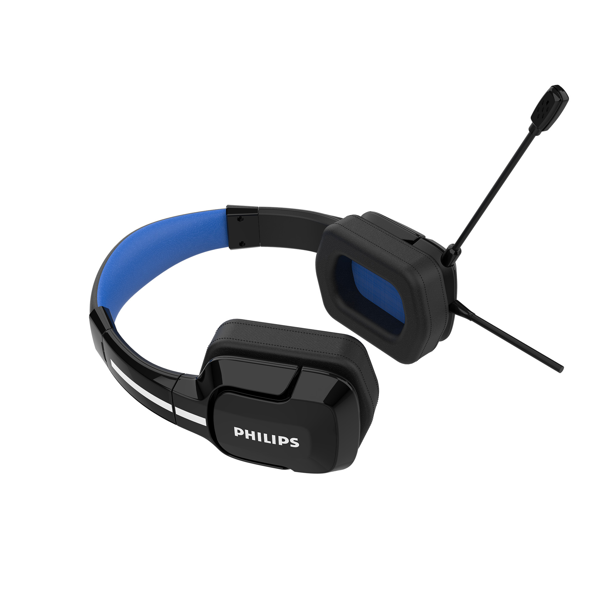 Schwarze und blaue Philips-Kopfhörer mit Mikrofon.