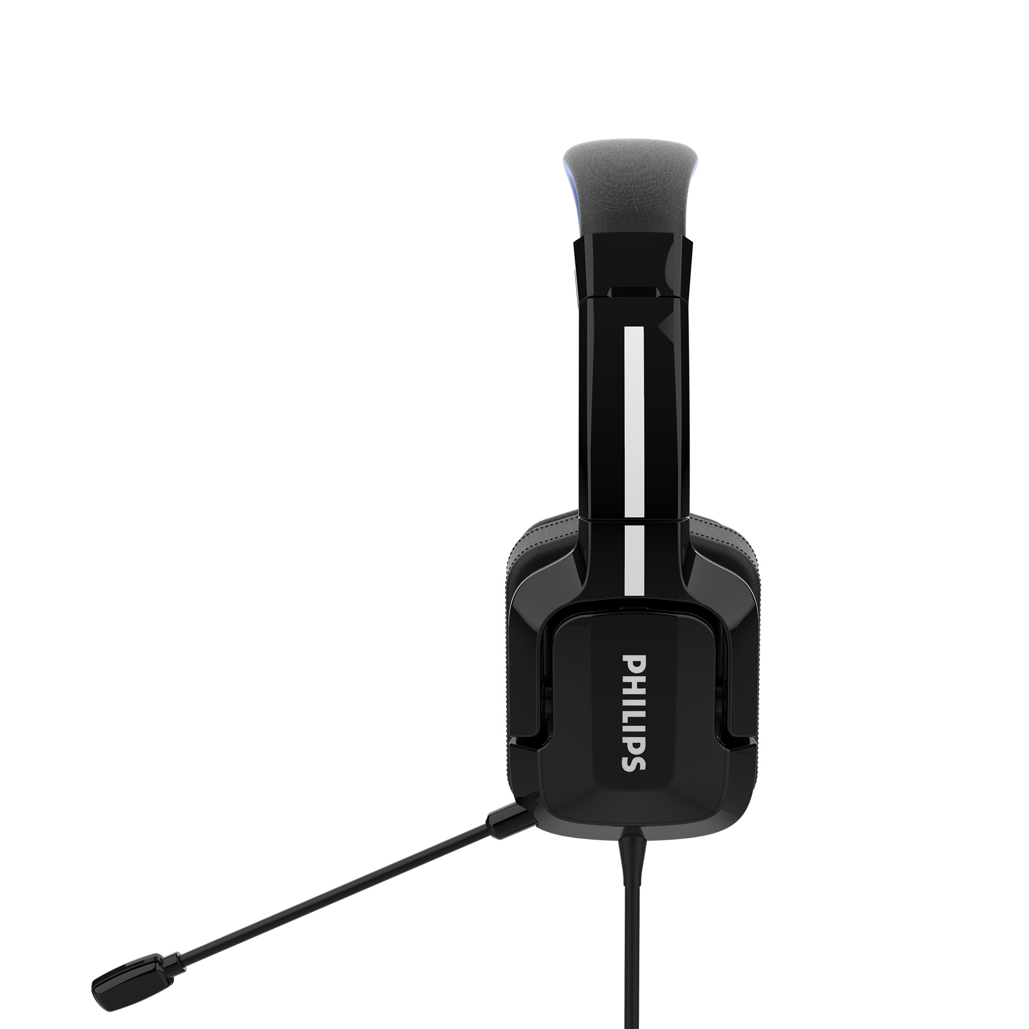 Schwarze Philips Kopfhörer mit Mikrofon. Der Hintergrund ist weiß.
