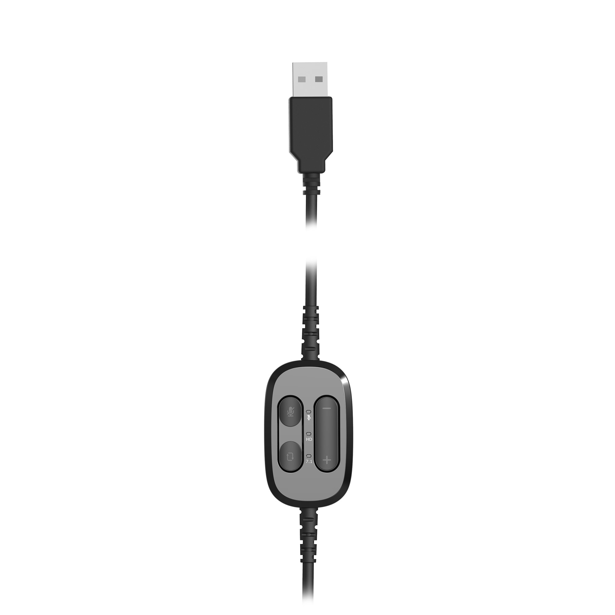 Ein USB-Kabel mit Mikrofon-Bedienfeld, auf weißem Hintergrund.