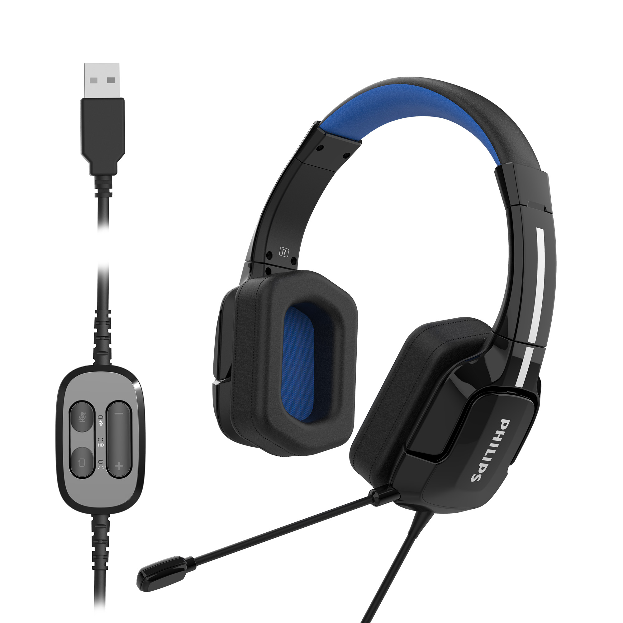 Schwarze und blaue Kopfhörer mit Mikrofon und USB-Kabel. Isoliert auf Weiß.