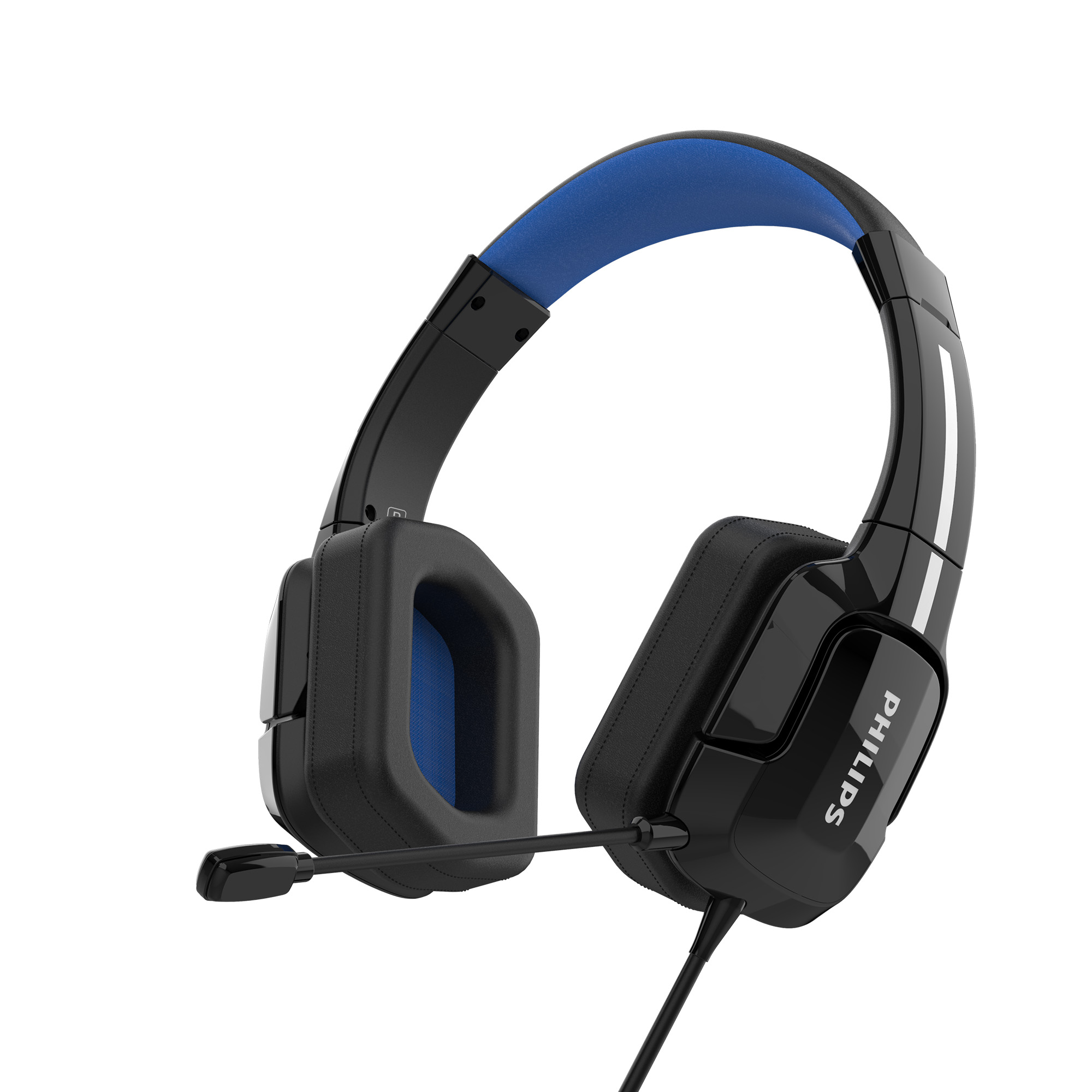 Schwarzes Philips-Headset mit blauem Stirnband und Mikrofon.