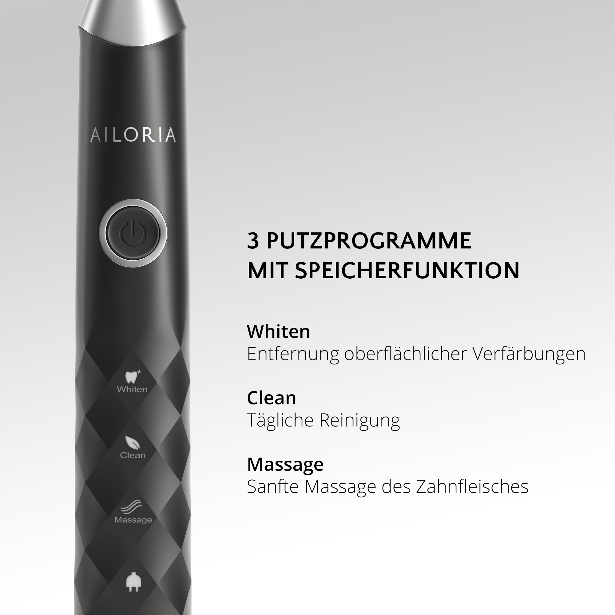 Schwarze elektrische Zahnbürste mit beschrifteten Einstellungen und einem diamantgemusterten Griff.