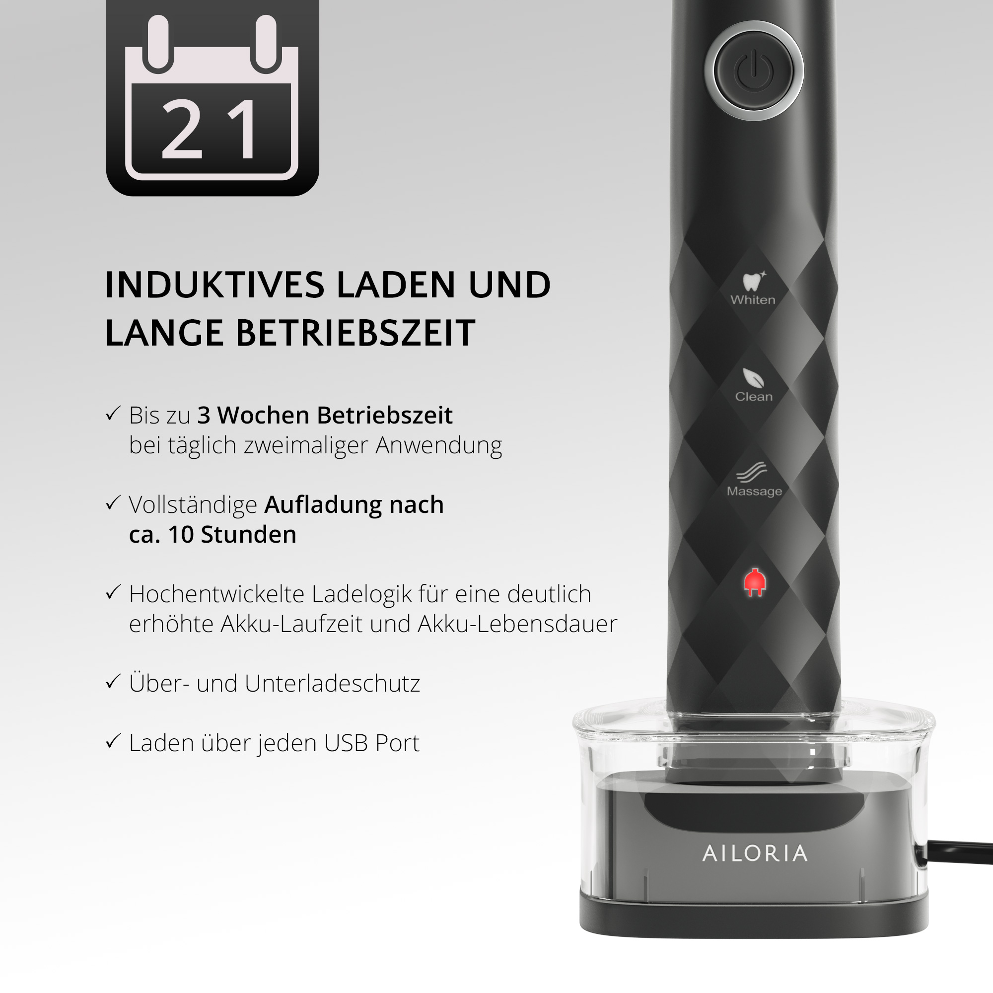 Schwarze elektrische Zahnbürste mit Ladestation und Text.