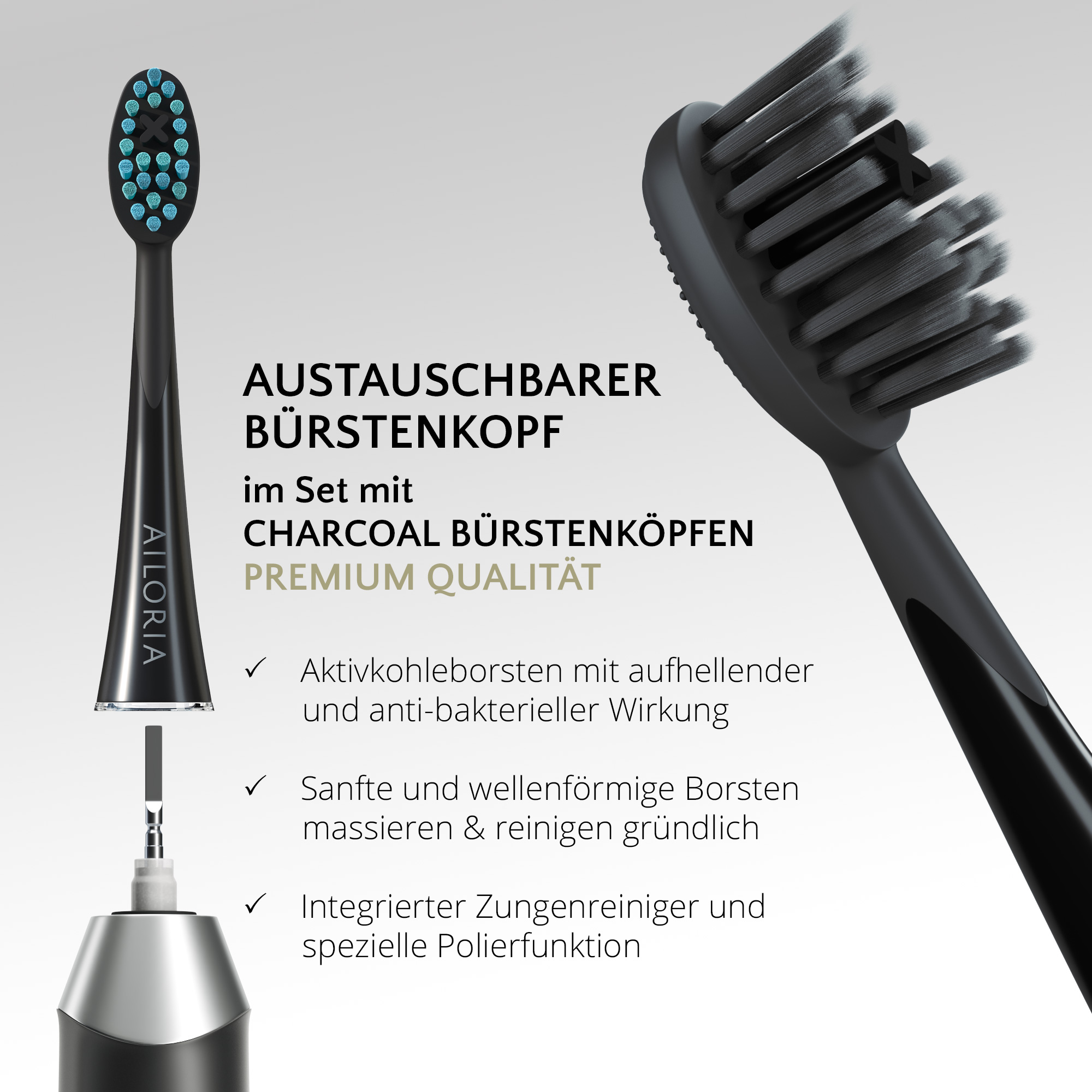 Nahaufnahme eines schwarzen elektrischen Zahnbürstenkopfes mit blauen Borsten, Text über Merkmale.