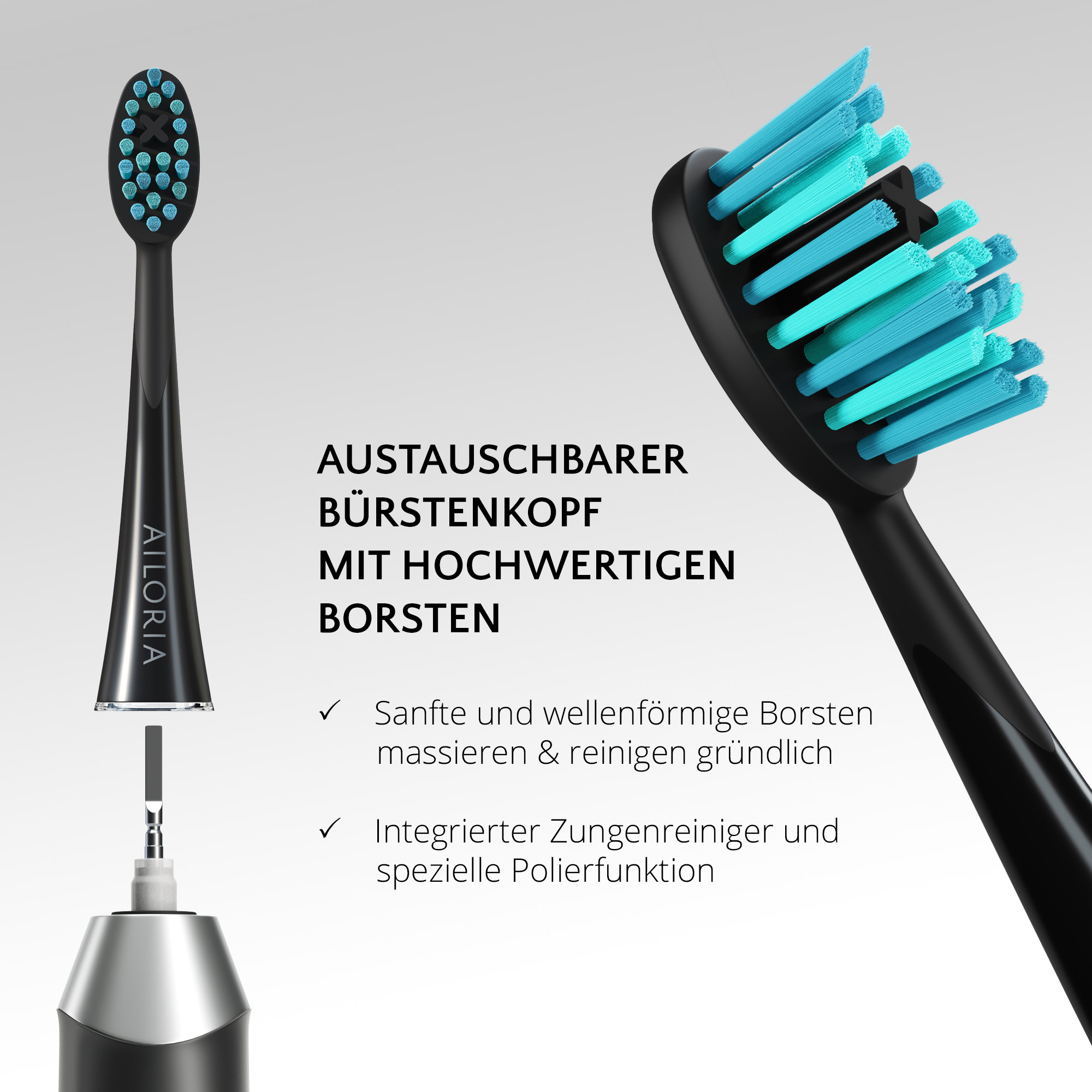 Zwei schwarze elektrische Zahnbürstenköpfe, einer zerlegt, mit türkisblauen Borsten.