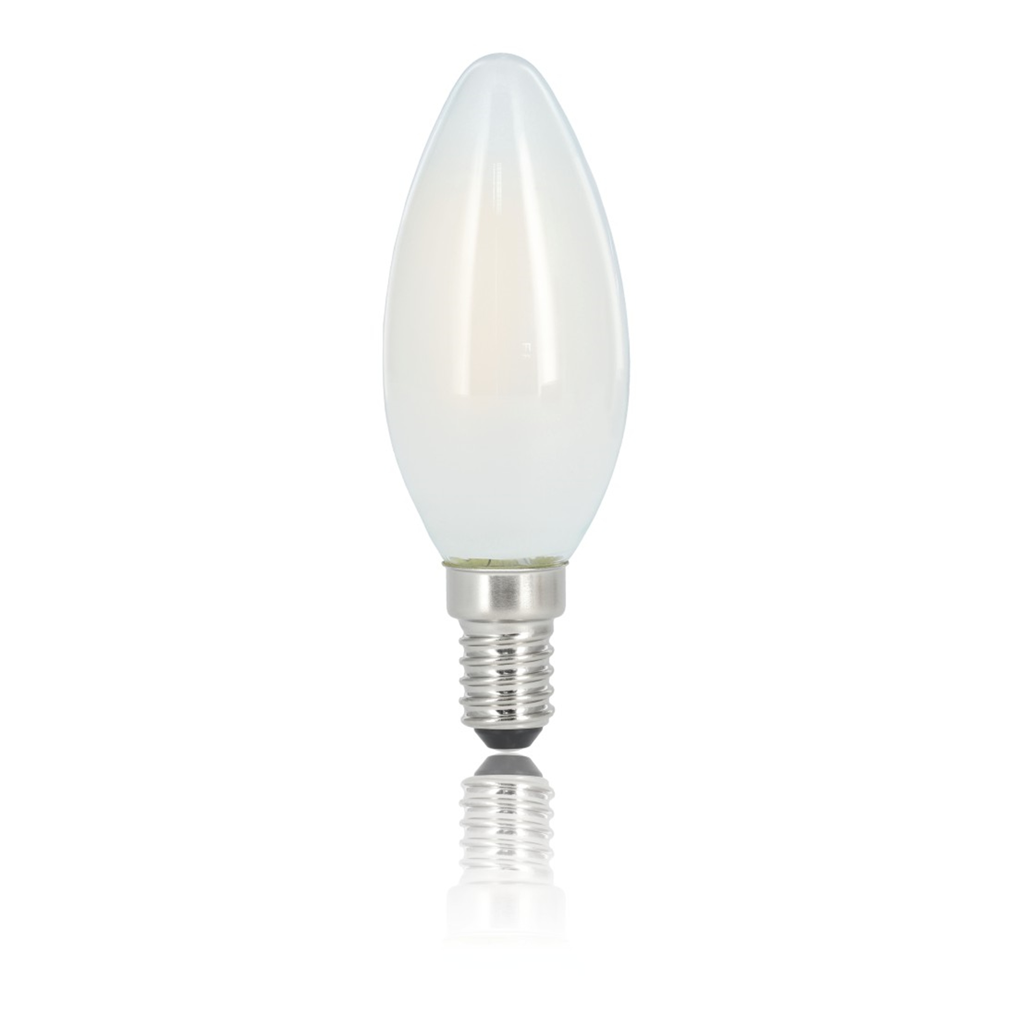 Ampoule blanche avec une base argentée. L'ampoule est sur un fond blanc.