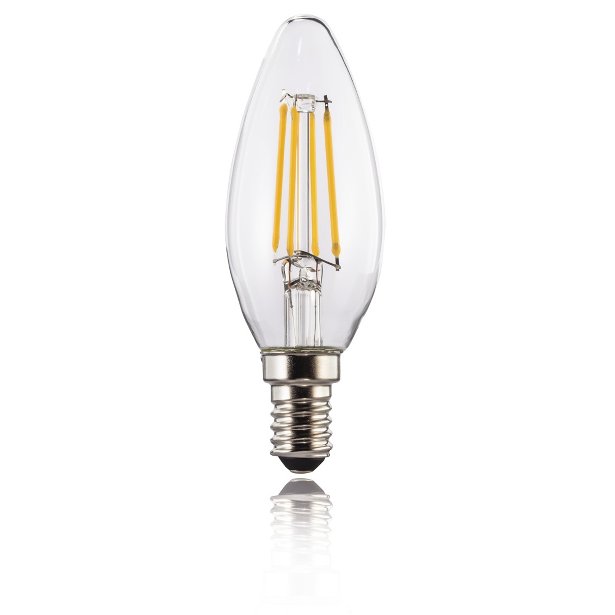 Ampoule en verre transparent avec une base argentée, sur fond blanc.