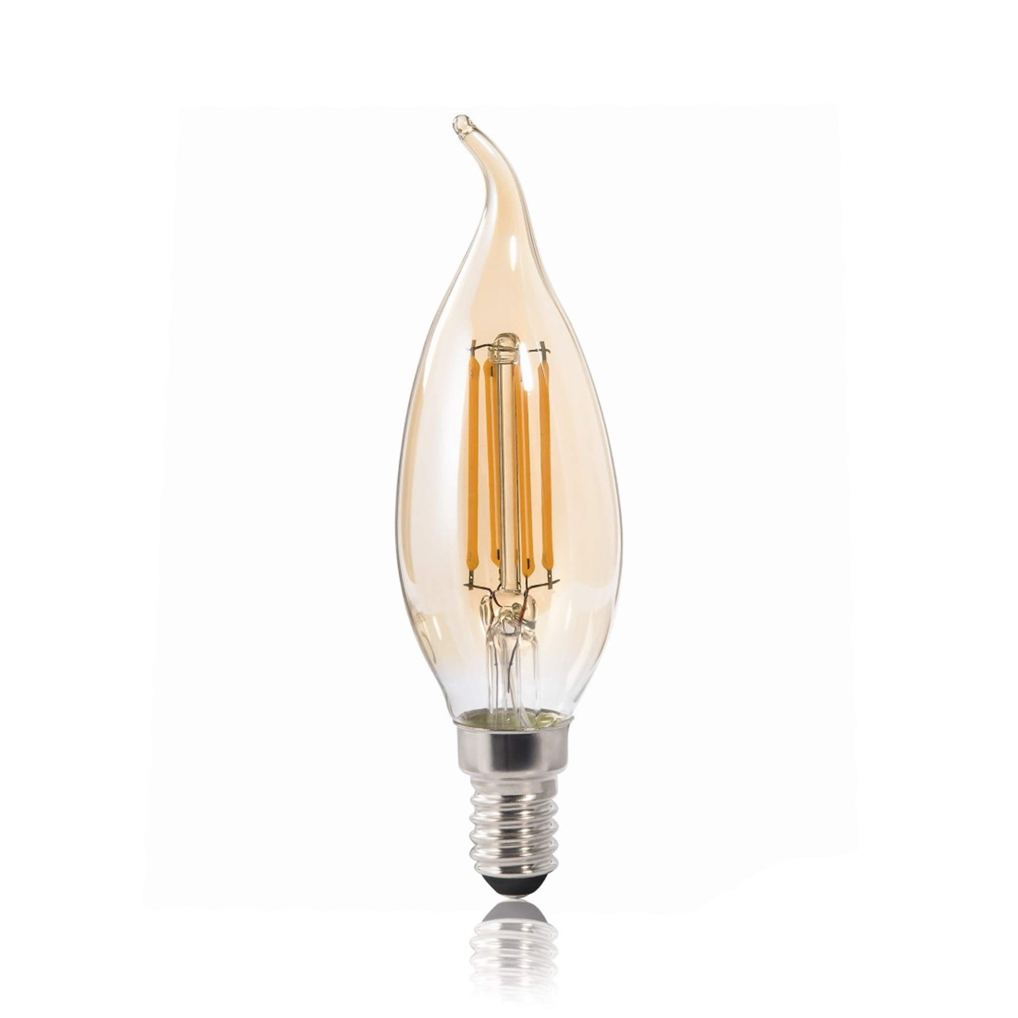 Ampoule allongée avec une pointe incurvée. L'ampoule a une lueur dorée et une base argentée.
