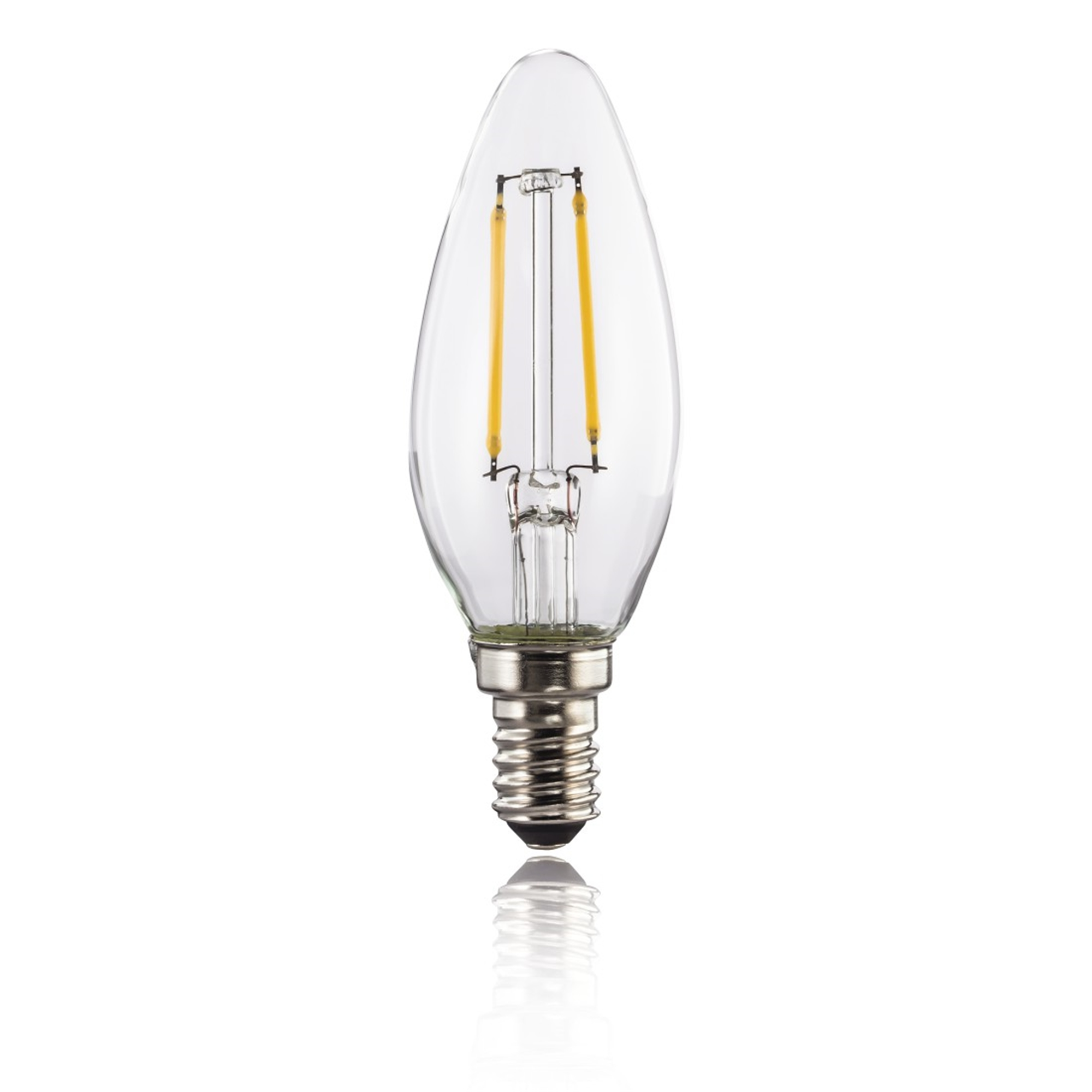 Ampoule transparente et allongée avec deux filaments jaunes. Elle est placée sur un fond blanc.