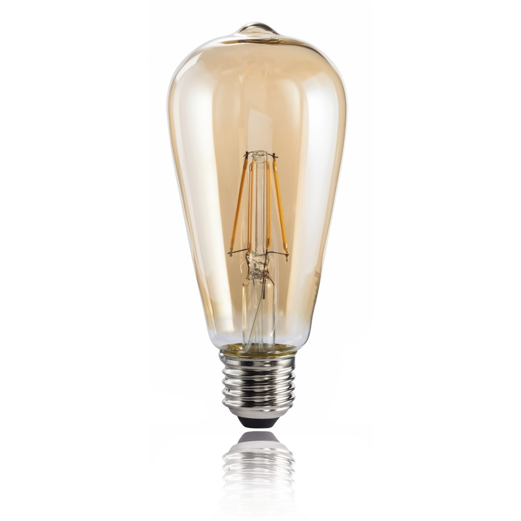 Lampadina di vetro gialla con filamento, su sfondo bianco.