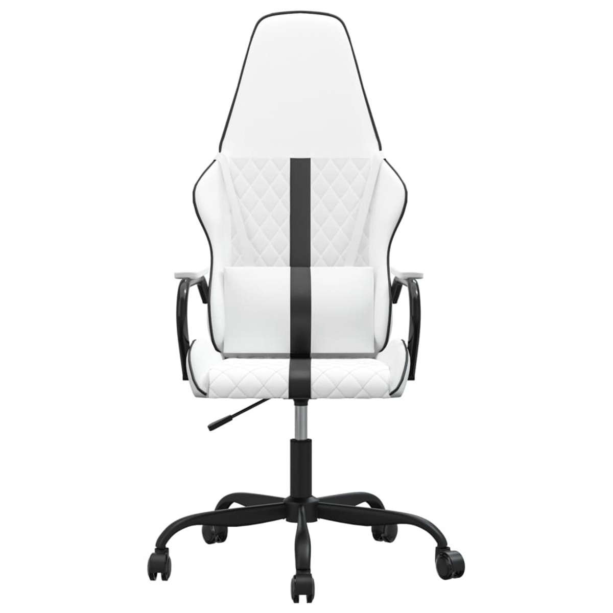Ein weißer Gaming-Stuhl mit einem schwarzen Streifen in der Mitte und schwarzen Akzenten. Es ist auf weißem Hintergrund.