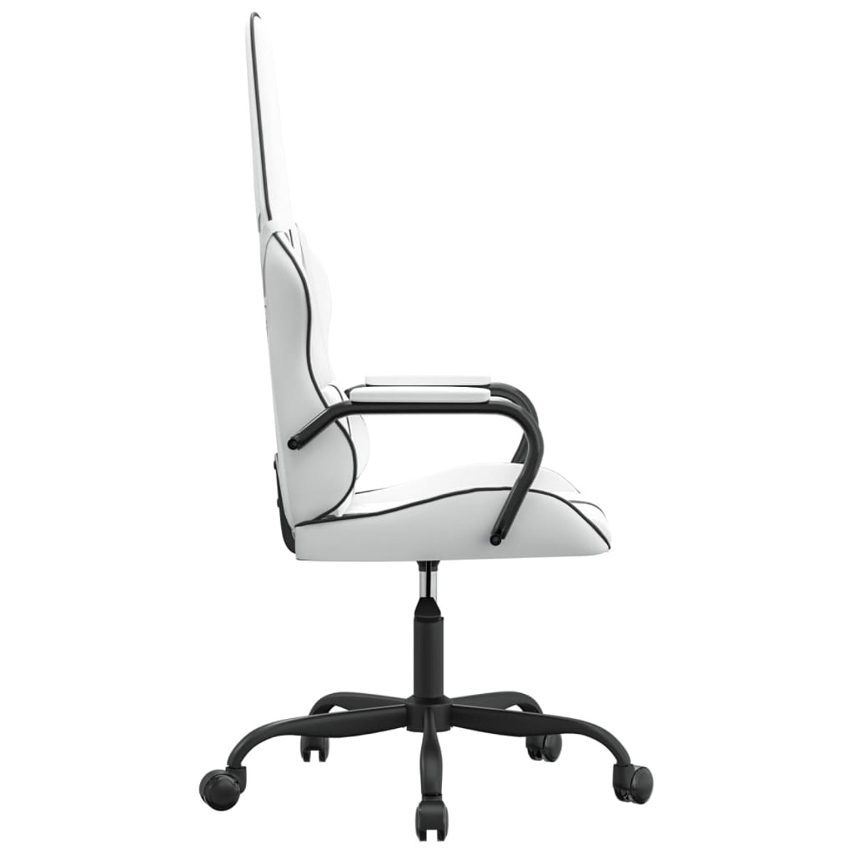 Weißer Gaming-Stuhl, schwarze Details, Seitenansicht, auf Rollen, mit hohem Rücken.