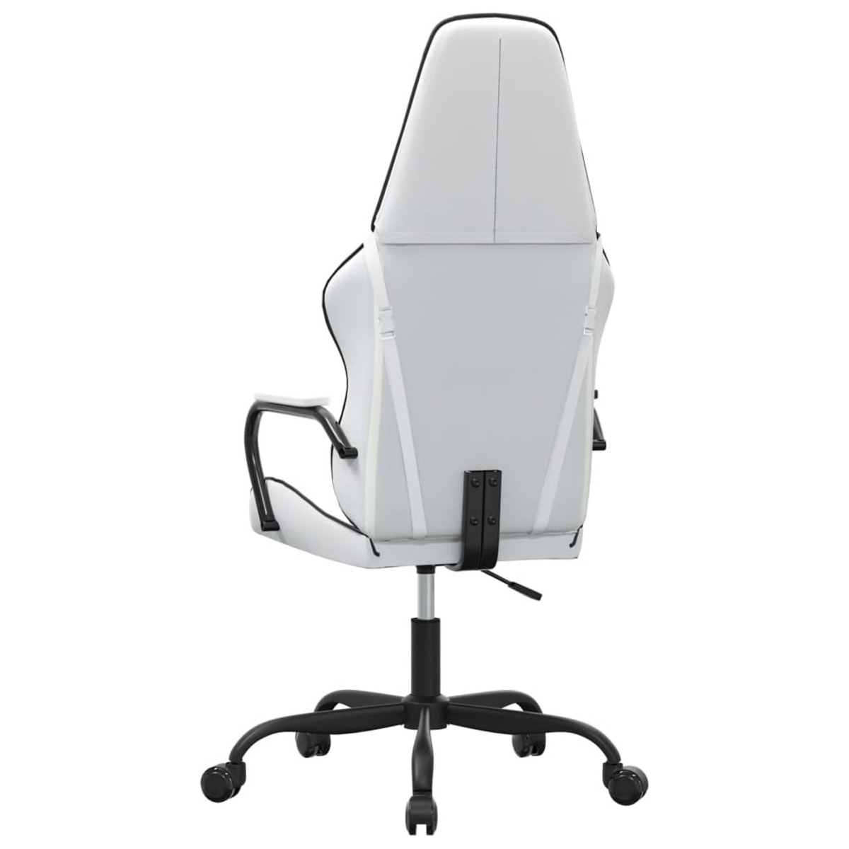 Rückansicht eines weißen und schwarzen Gaming-Stuhls.