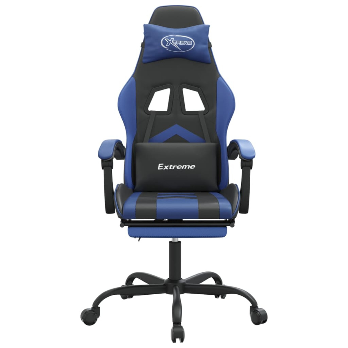 Blauer und schwarzer Gaming-Stuhl mit Kopf- und Fußstütze auf schwarzem Sockel.