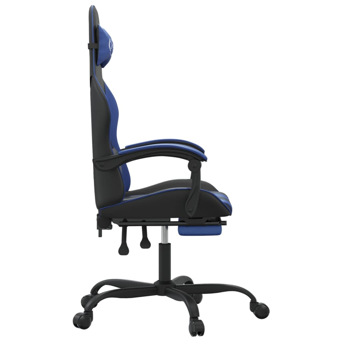 Ein blauer und schwarzer Gaming-Stuhl im Profil vor weißem Hintergrund.