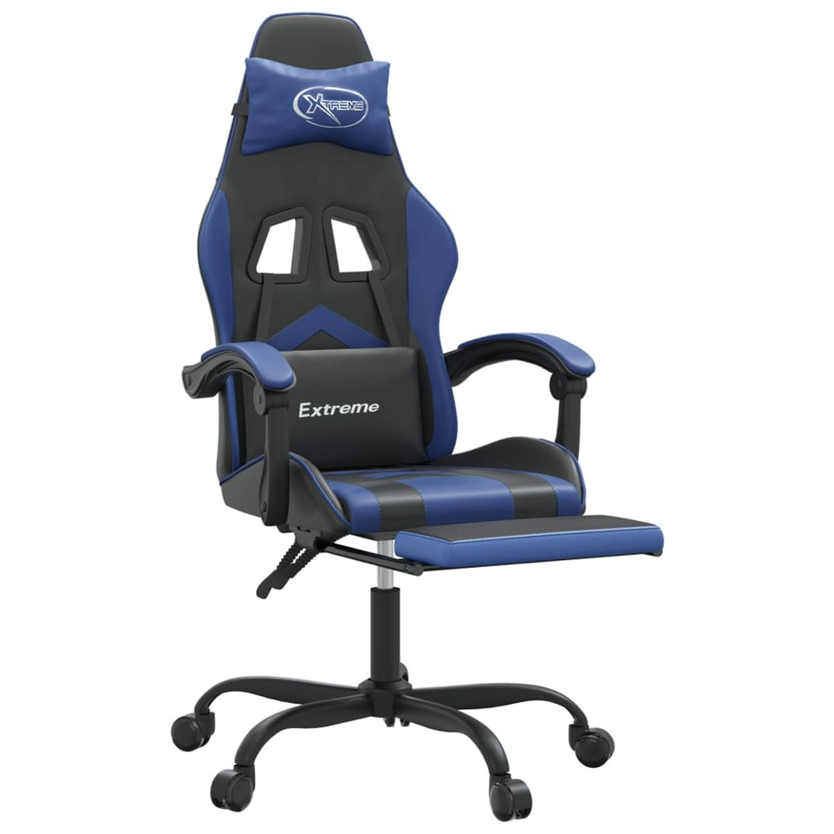 Blau-schwarzer Gaming-Stuhl. Mit Kopfstütze, Lendenwirbelstütze, Armlehnen, Fußstütze und Rollen.