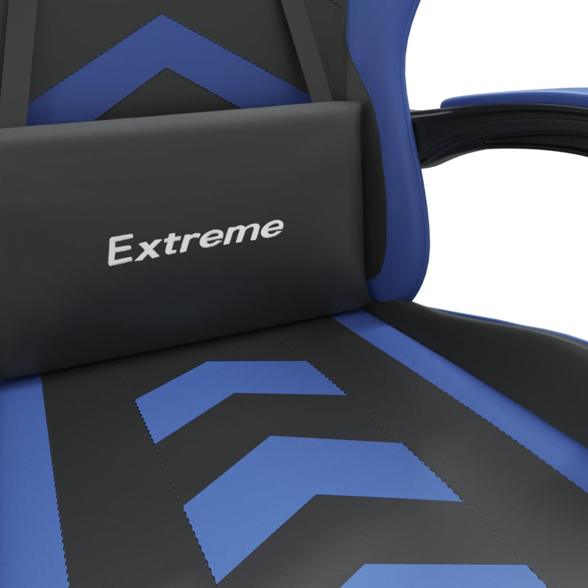 Schwarzer und blauer Gaming-Stuhl. Das Wort 'Extreme' steht auf der Kopfstütze.