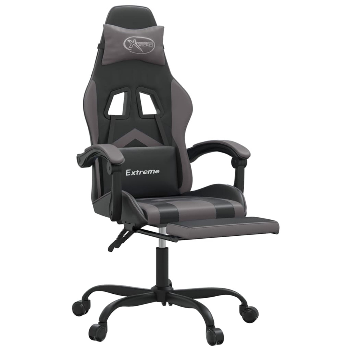 Schwarzer und grauer Gaming-Stuhl mit Kopfstütze und Fußstütze. Der Stuhl steht auf Rädern.