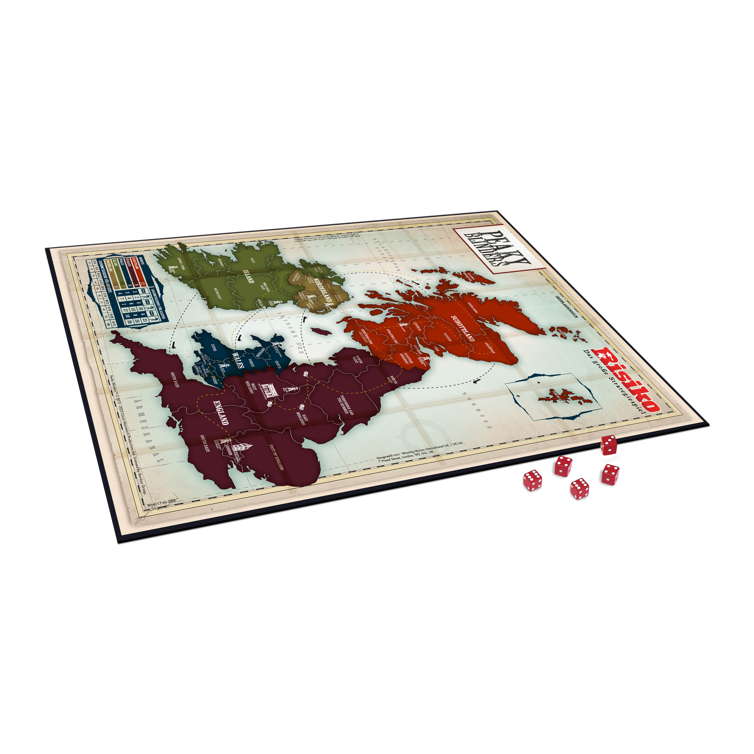 Risiko-Brettspiel. Eine Weltkarte mit Territorien, Würfel rechts. Schwarzer Rand. Weißer Hintergrund.