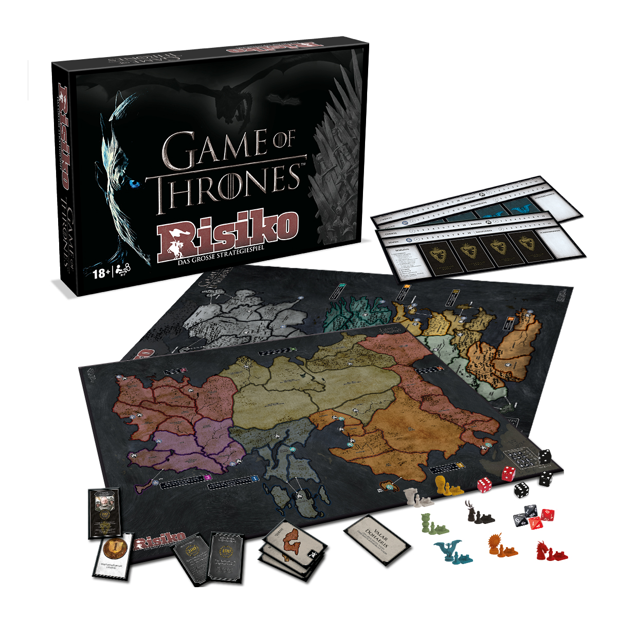Game of Thrones Risk Brettspielbox, Spielbrett, Karten, Würfel und Spielfiguren auf weißem Hintergrund.