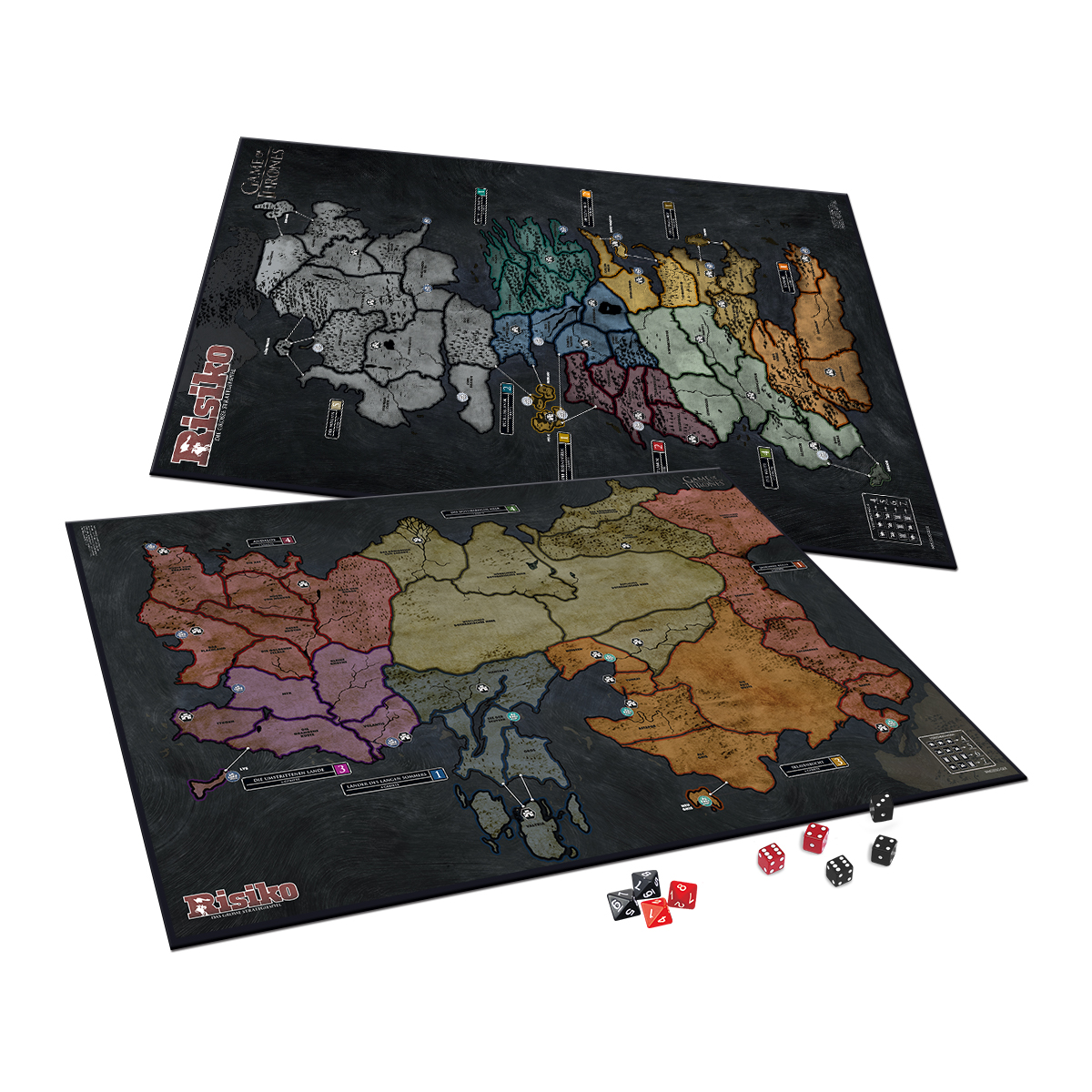 Game of Thrones Risk-Brettspiel. Zwei Spielbretter, Würfel und Spielsteine sind sichtbar.