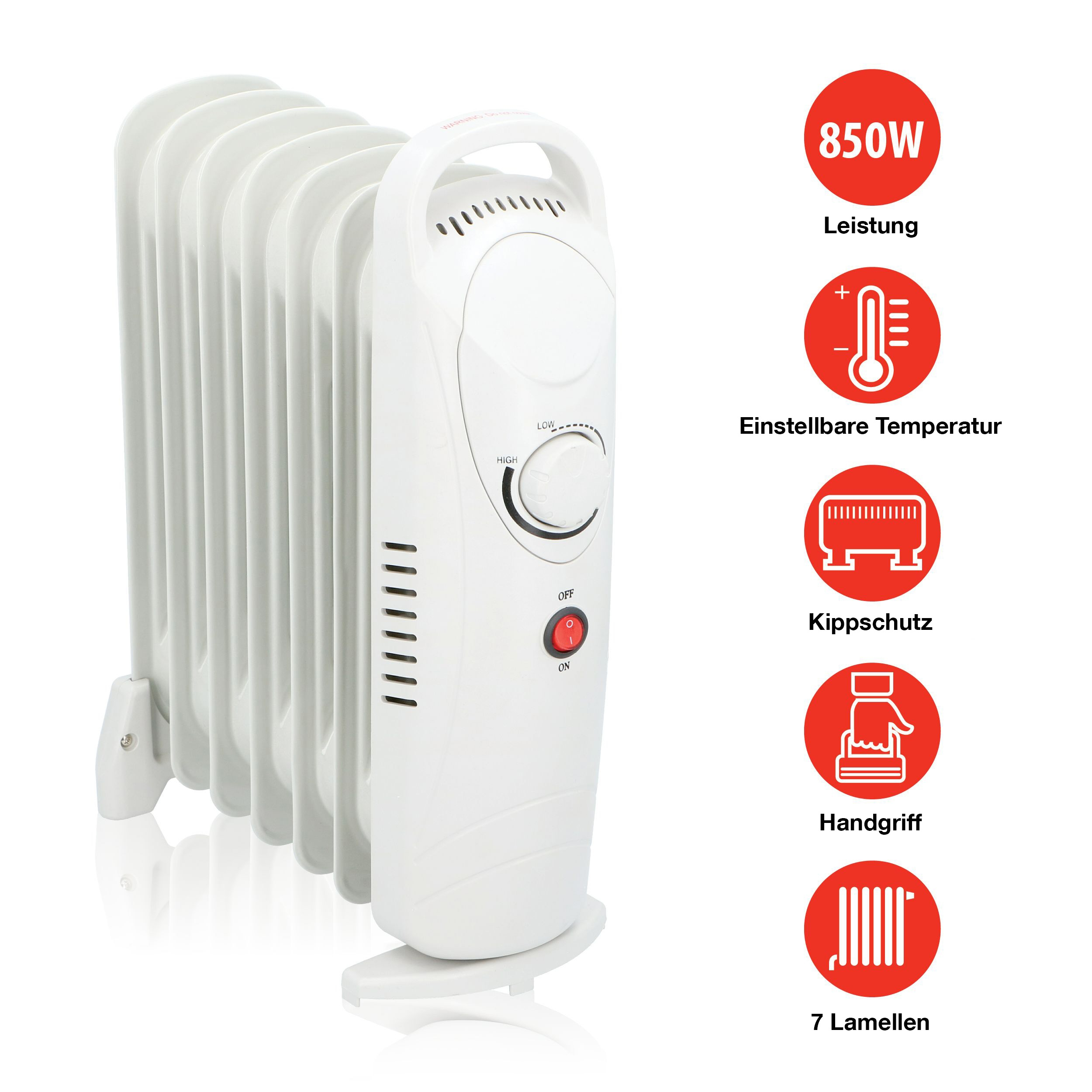 Termosifone a olio bianco con pannello di controllo e icone. Pulsante rosso ON/OFF. Sfondo bianco.